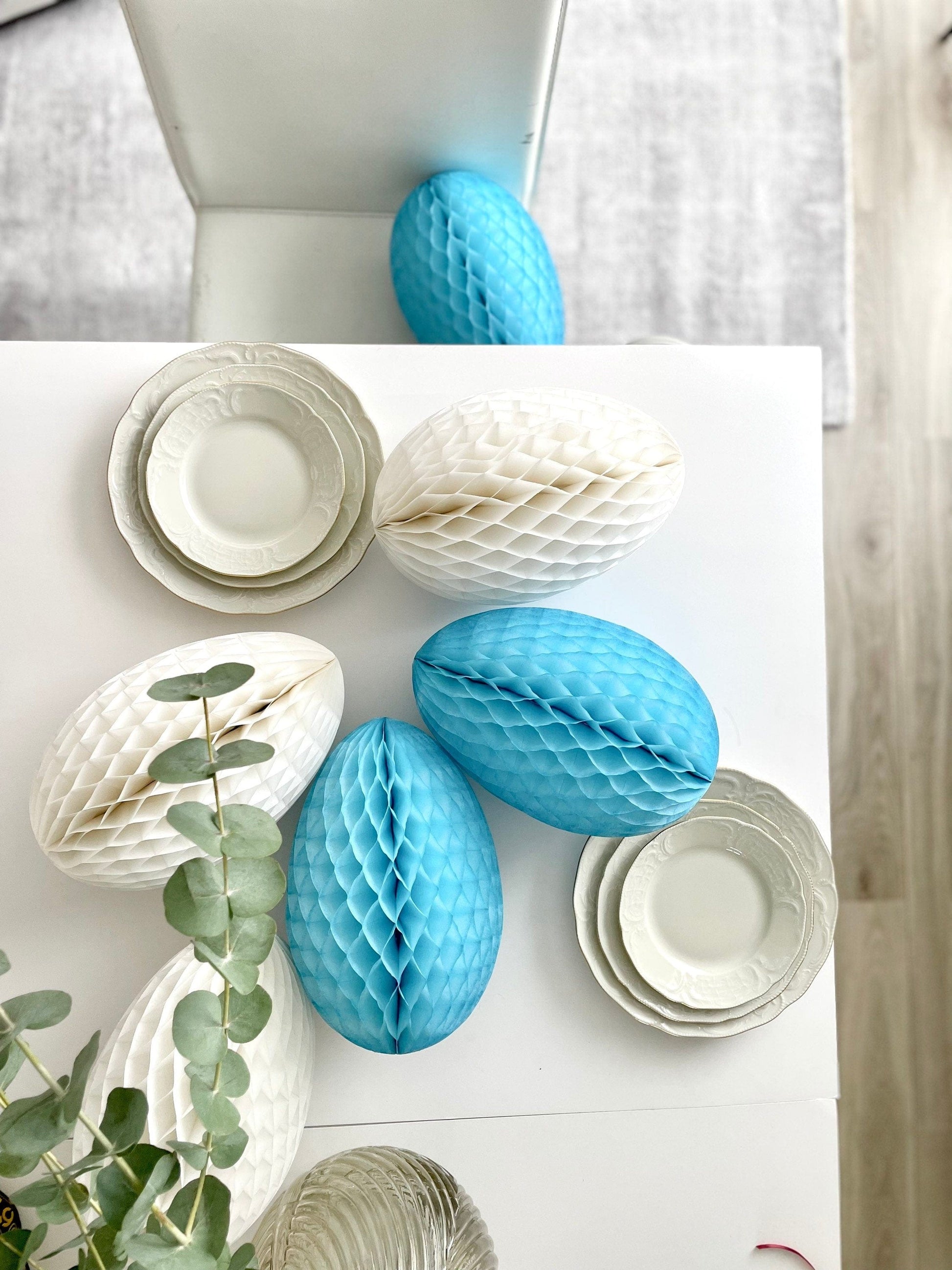 Huge Paper honeycomb Easter egg set 3 psc- white and blue Easter decorations, easter eggs decorations paper spring decor table decorations