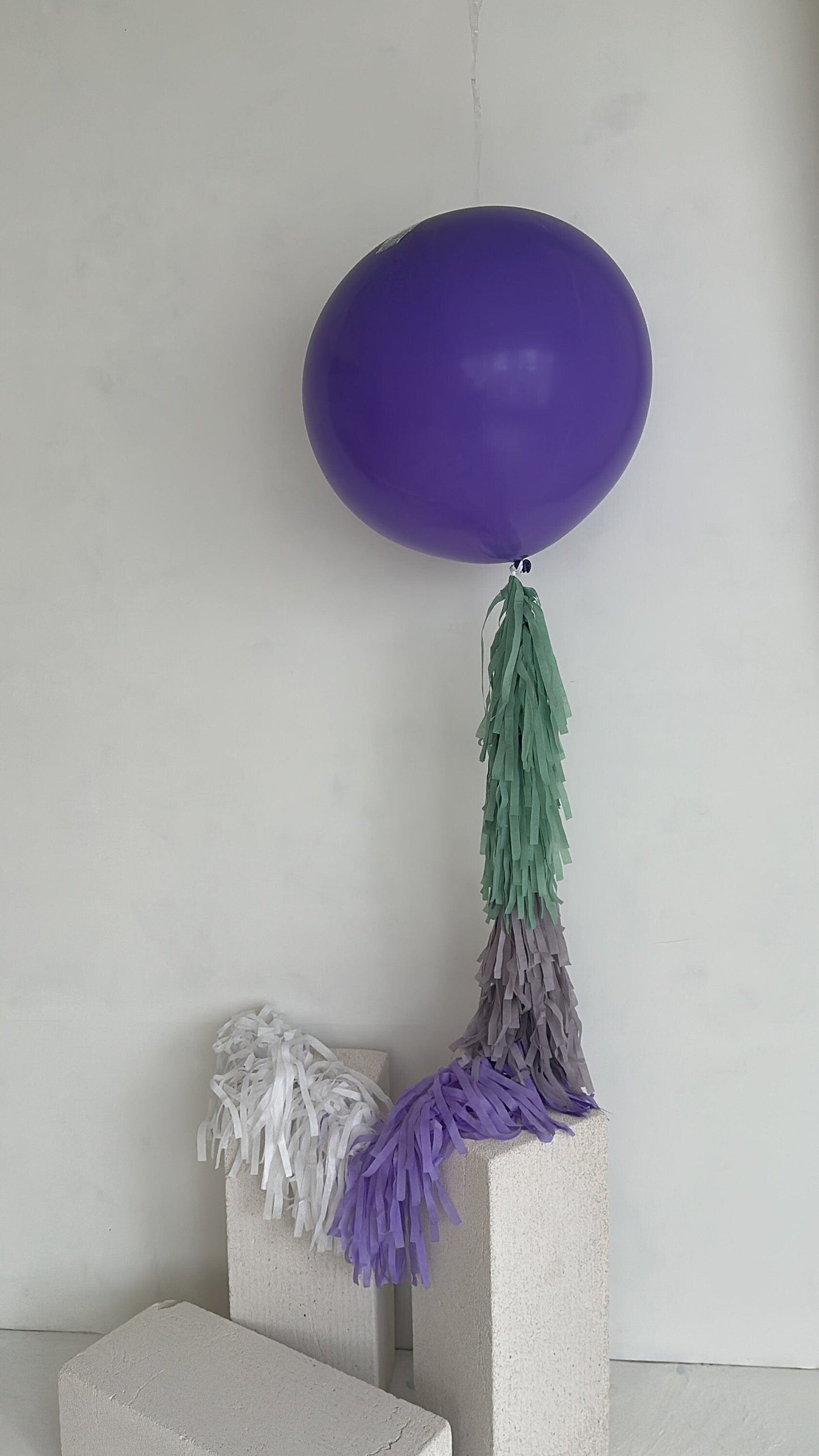 Lavender Giant balloon with violet and green paper fringe tail baby shower, wedding, birthday party balloon decorations paper tassel tail