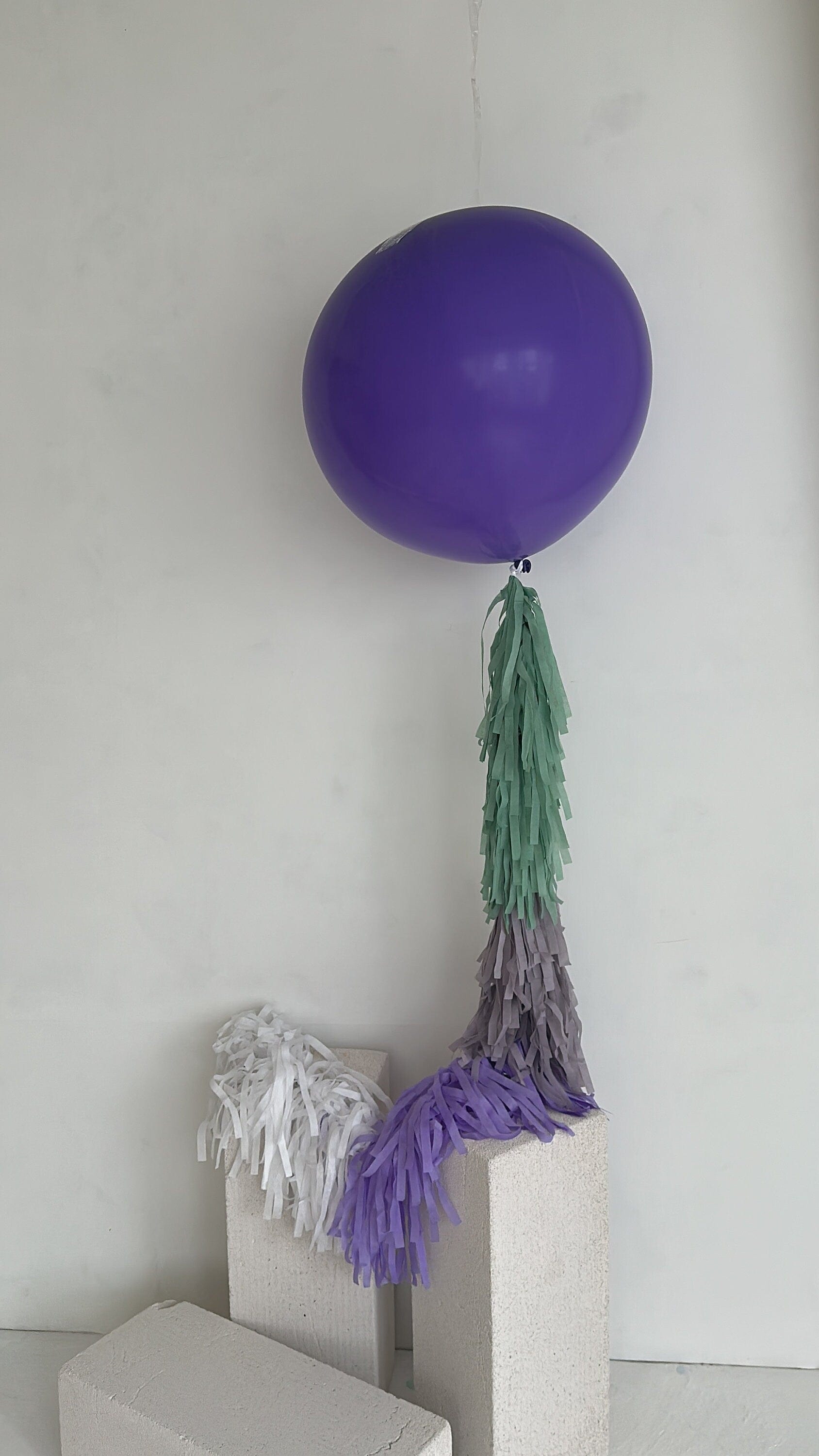 Lavender Giant balloon with violet and green paper fringe tail baby shower, wedding, birthday party balloon decorations paper tassel tail