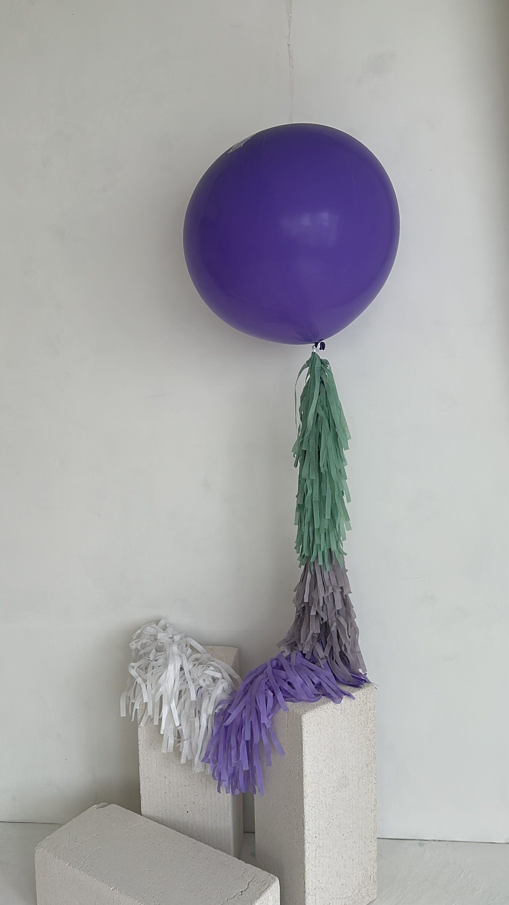 Lavender Giant balloon with violet and green paper fringe tail baby shower, wedding, birthday party balloon decorations paper tassel tail