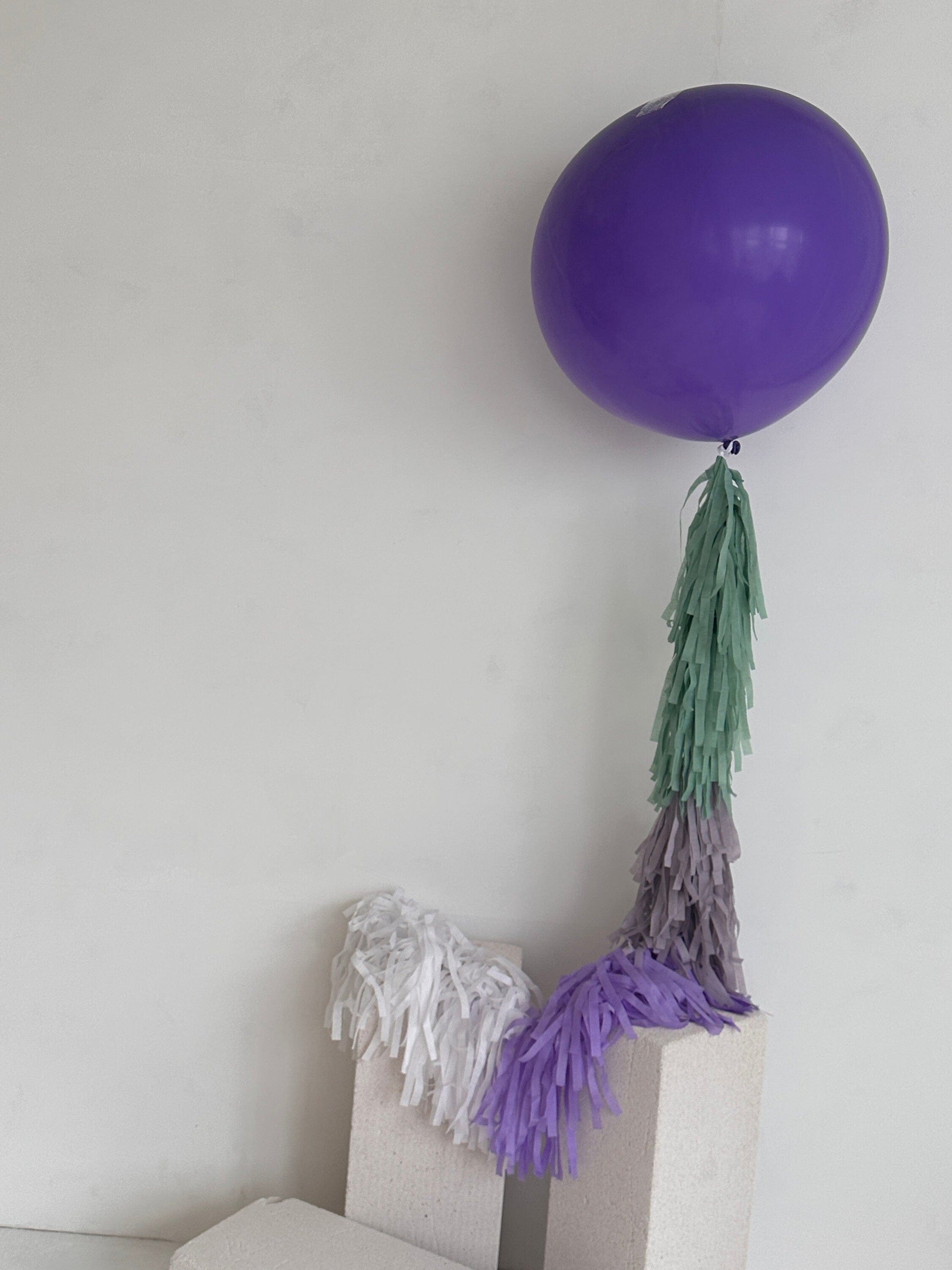Lavender Giant balloon with violet and green paper fringe tail baby shower, wedding, birthday party balloon decorations paper tassel tail