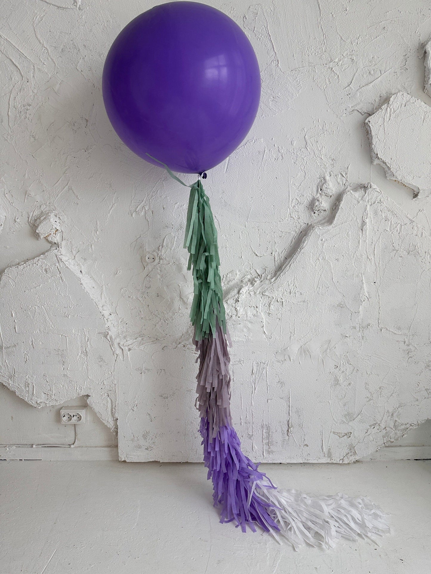 Lavender Giant balloon with violet and green paper fringe tail baby shower, wedding, birthday party balloon decorations paper tassel tail