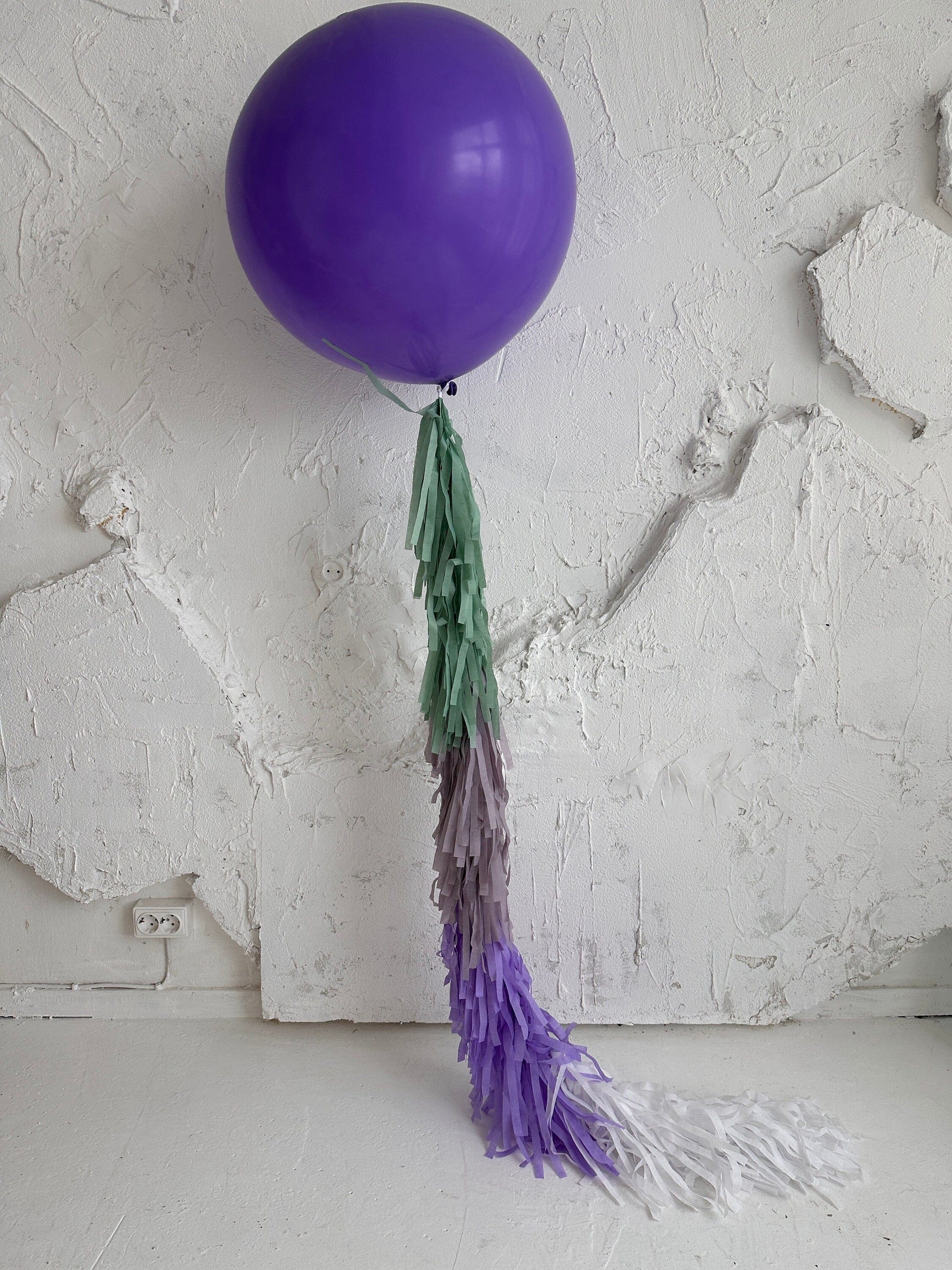 Lavender Giant balloon with violet and green paper fringe tail baby shower, wedding, birthday party balloon decorations paper tassel tail