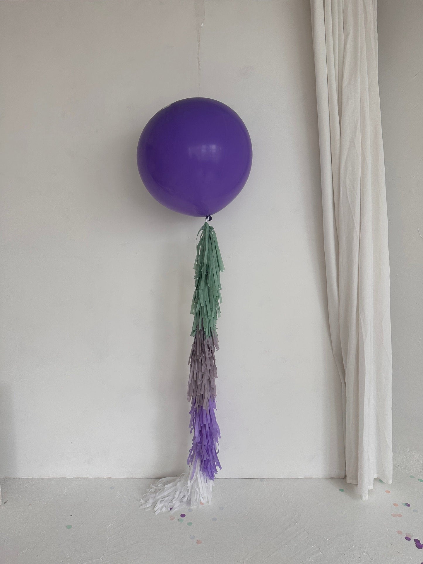 Lavender Giant balloon with violet and green paper fringe tail baby shower, wedding, birthday party balloon decorations paper tassel tail