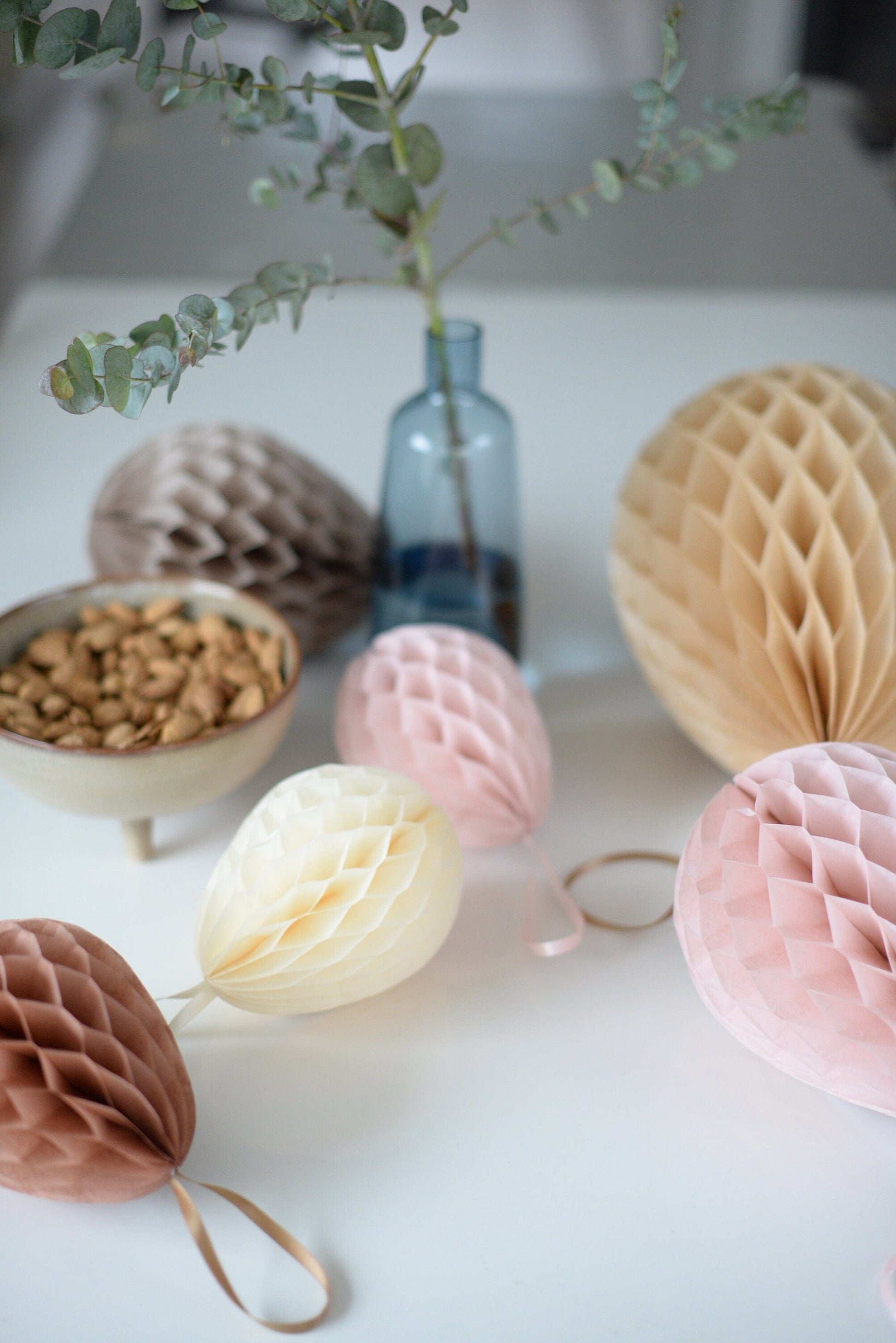 Neutral colour Paper Easter eggs set in dusty pink and neutral - Easter table decor - Easter honeycombs