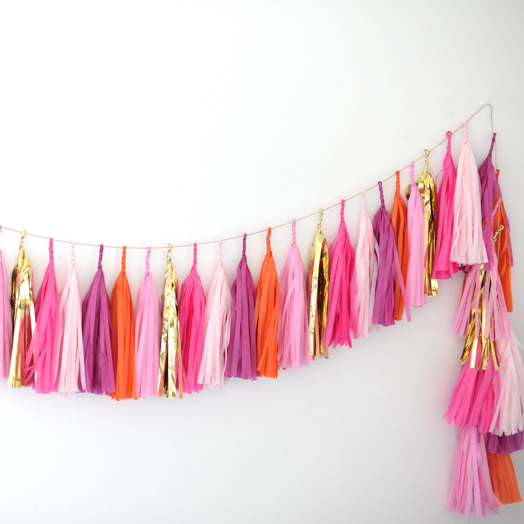 physical Orange  sherbet,  pink and gold paper tassel garland | Birthday garland | Fringe garland | Bachelorette party decor Decopompoms