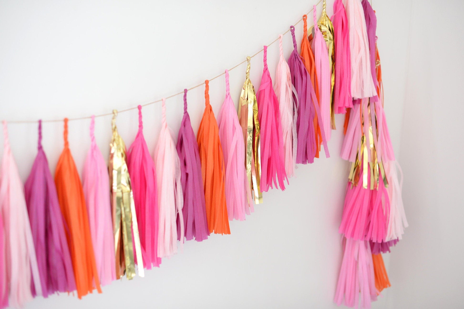 Orange sherbet, pink and gold paper tassel garland | Birthday garland | Fringe garland | Bachelorette party decor