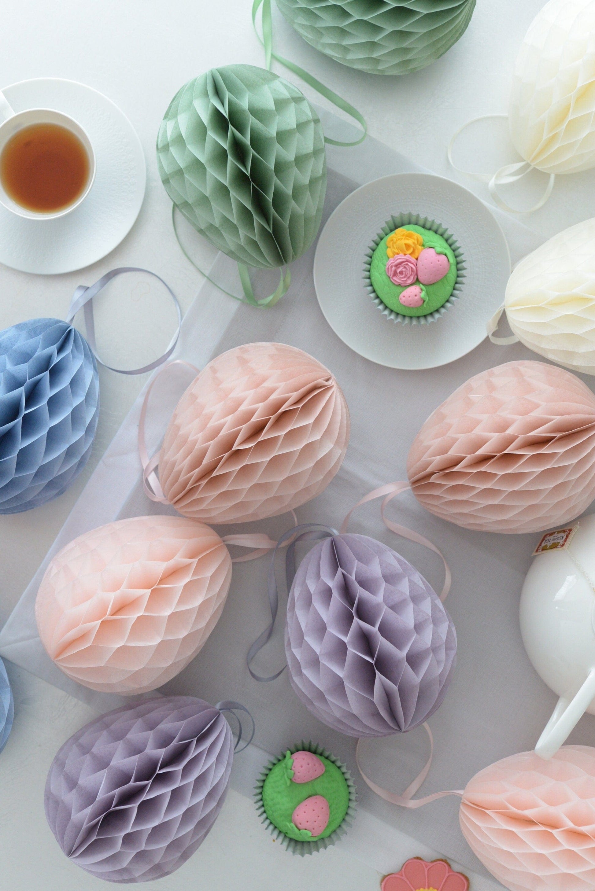 Paper easter egg decoration | muted pastel colour honeycomb paper eggs | tissue paper eggs |