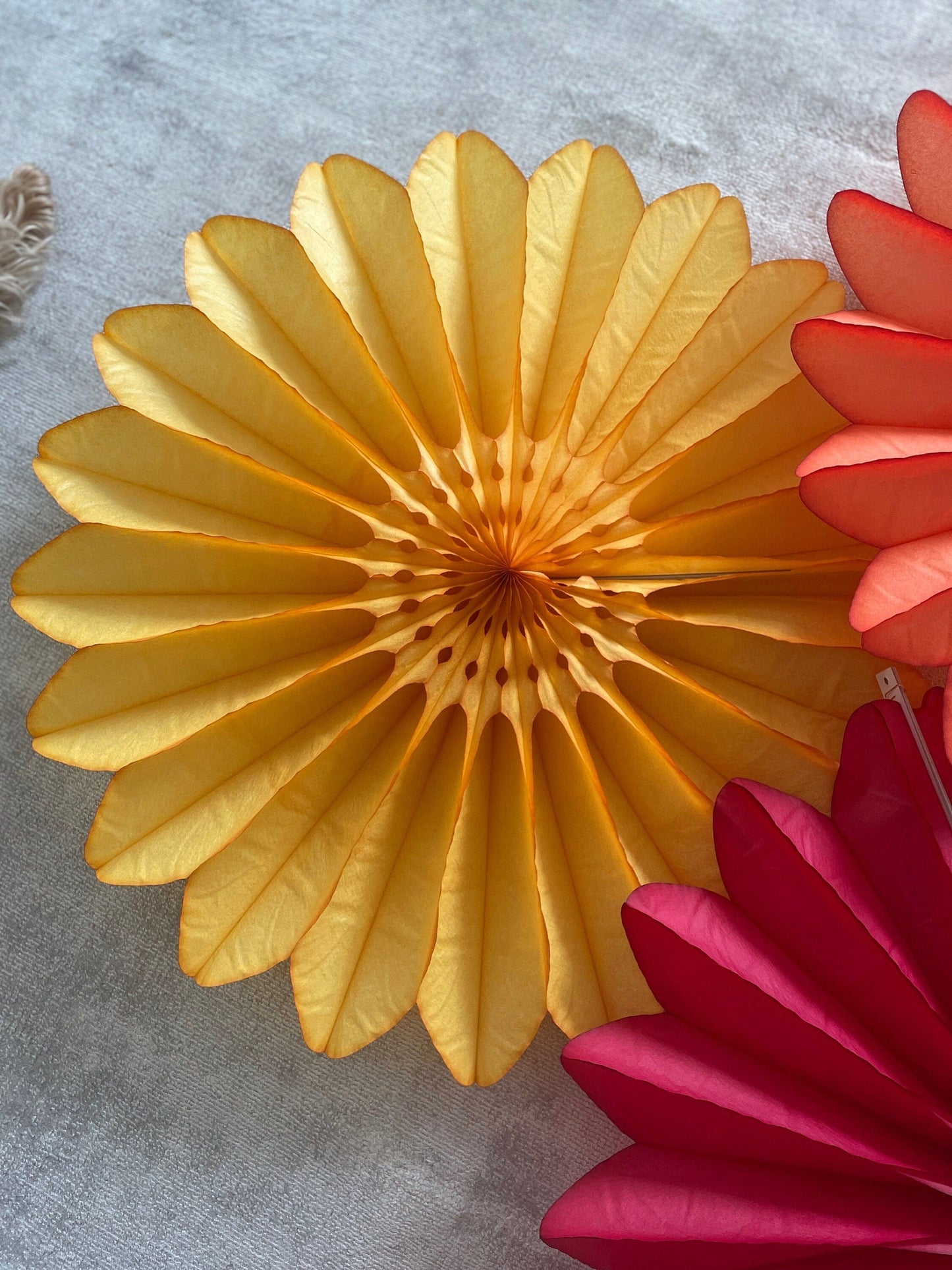Paper fans - fall colours - party decoration set of 4 - orange yellow coral and deep red - 26" diameter