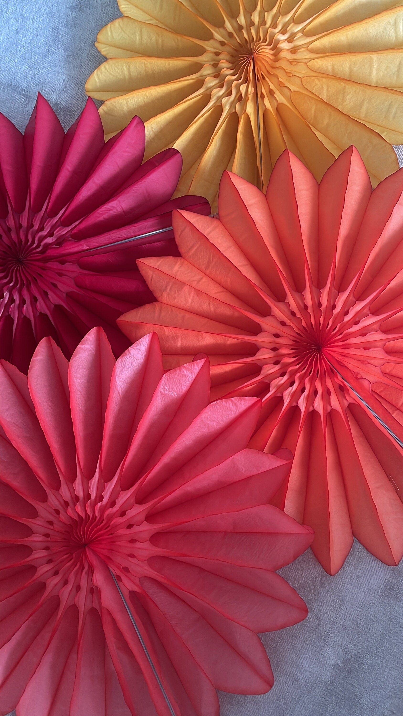 Paper fans - fall colours - party decoration set of 4 - orange yellow coral and deep red - 26" diameter