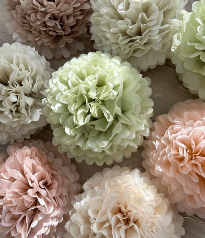 physical Paper Pom pom set of 16 | blush, neutral and pale mint Tissue paper pom poms | pastel Paper flowers | Wedding decor Decopompoms