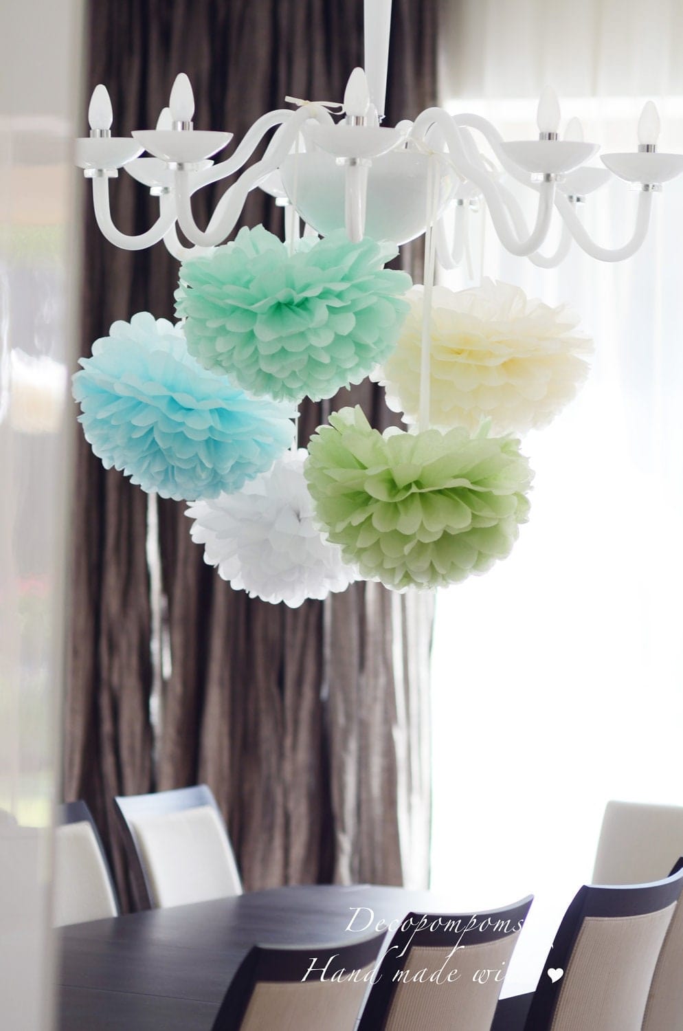 Pastel paper pom poms set | 5 mint large tissue paper PomPoms | Boy baby shower decor