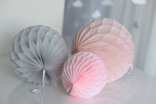 Pink and light grey tissue paper honeycomb set of 3 Wedding decorations, Bridal shower birthday, nursery, classroom, office, shop decoration