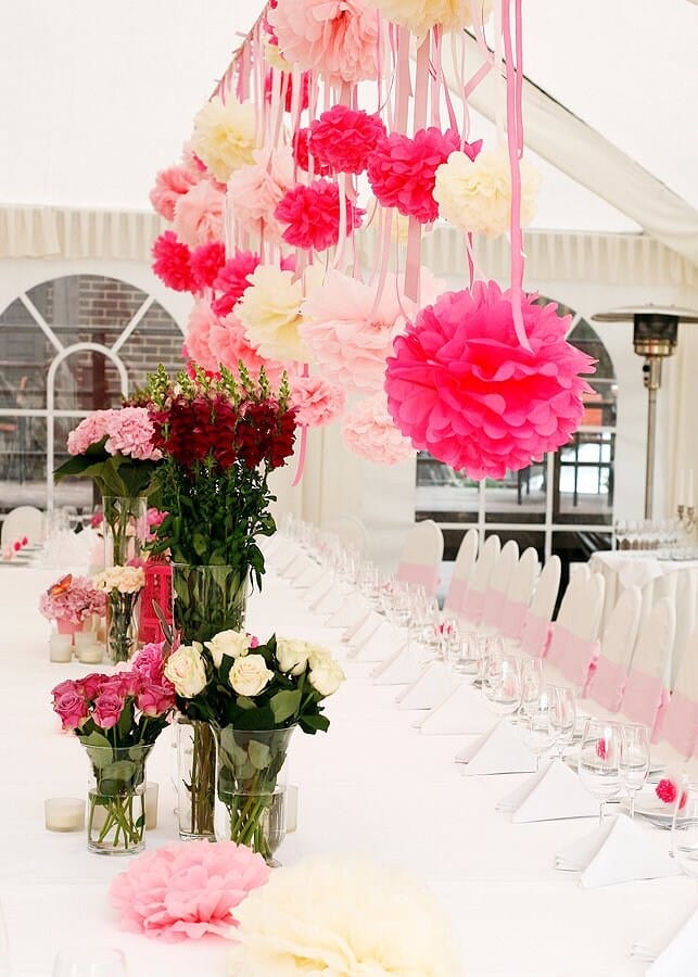 Pink Party pom pom set of 24 | mixed size party pom poms| Paper flowers | School decorations