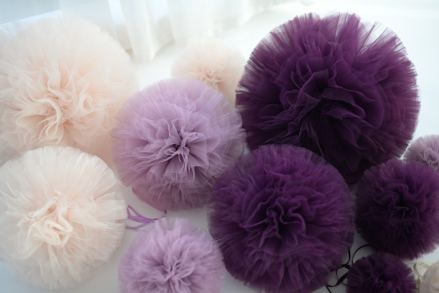 Plum Tulle Pom Poms mauve, purple wedding decorations, quality Tulle balls, hanging decorations, nursery pompoms, boho wedding, soft net