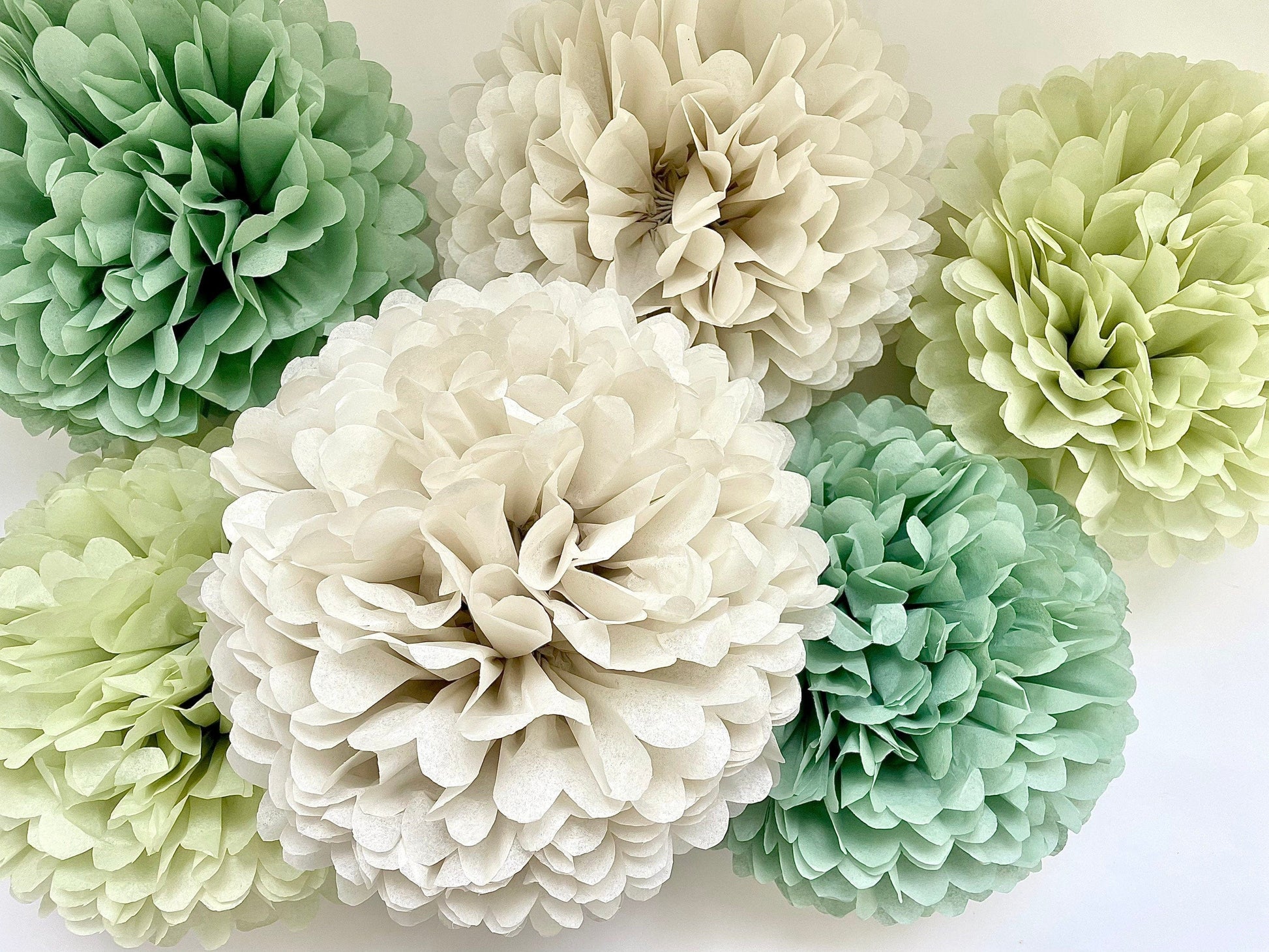 Pom pom set of 10 large sage green Tissue paper pom poms | dusty green Paper flowers | Wedding decor | cream and green party decor
