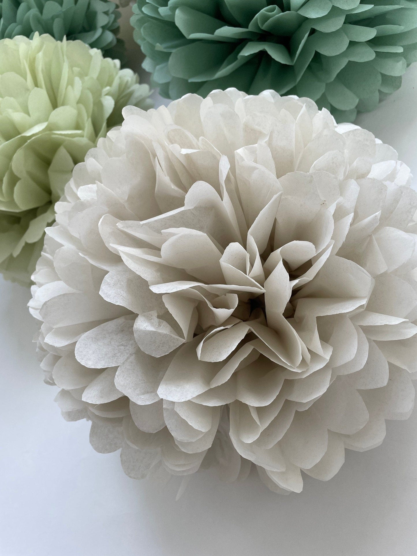 Pom pom set of 10 large sage green Tissue paper pom poms | dusty green Paper flowers | Wedding decor | cream and green party decor
