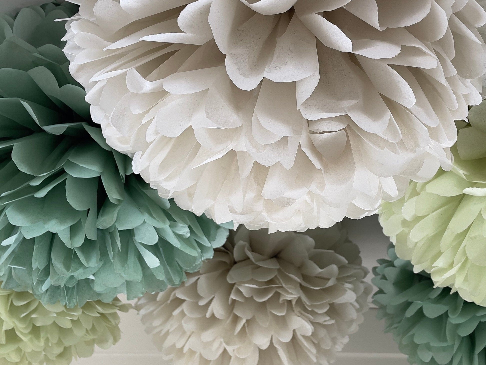 Pom pom set of 16 large size sage green Tissue paper pom poms | dusty green Paper flowers | Wedding decor | cream and green party decor