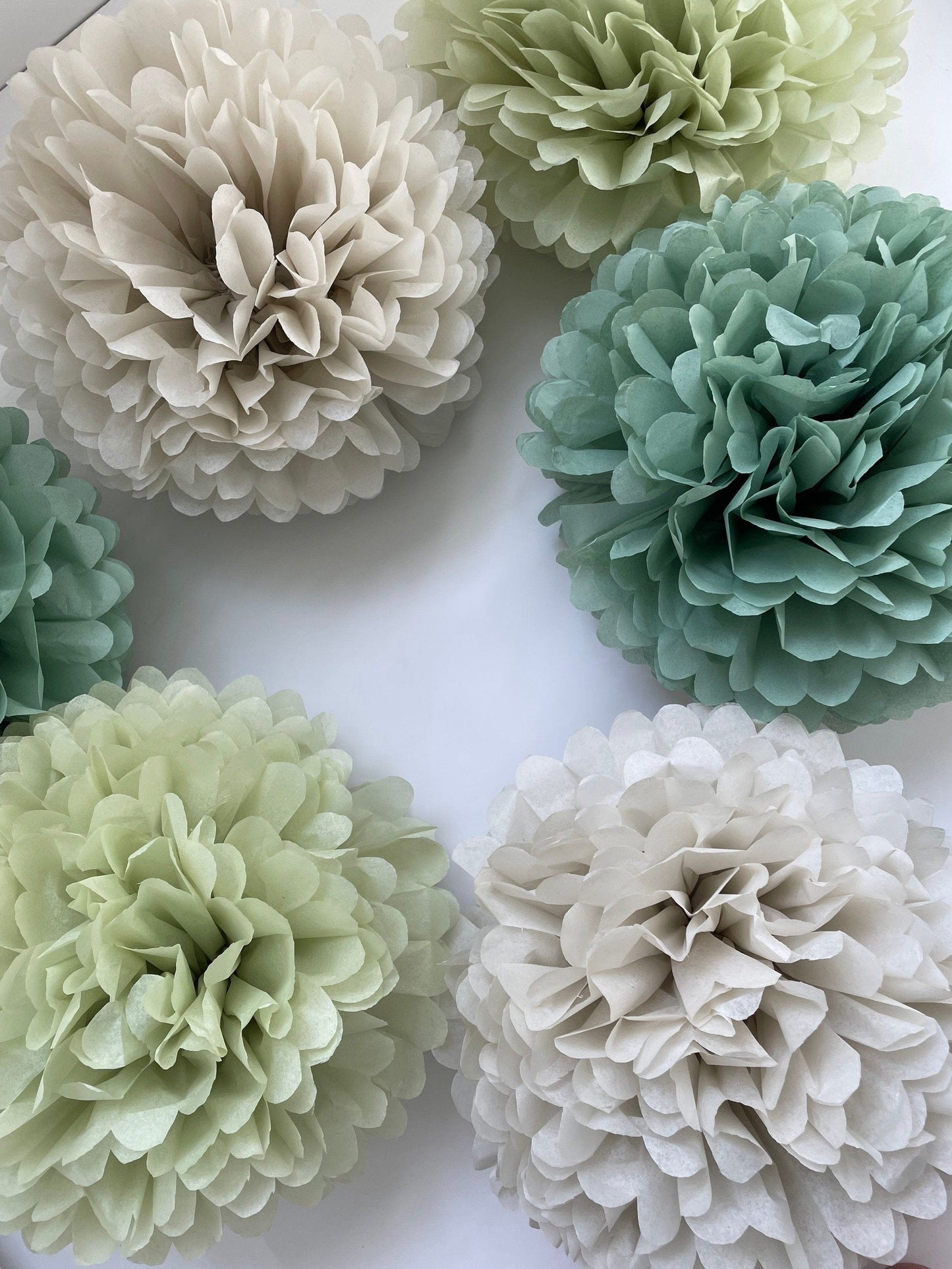 Pom pom set of 16 large size sage green Tissue paper pom poms | dusty green Paper flowers | Wedding decor | cream and green party decor