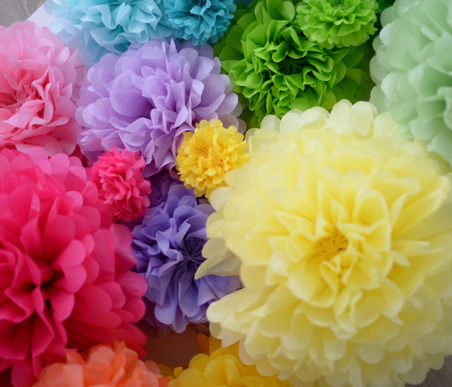 Rainbow party decor - paper flower pom poms and tassel garland