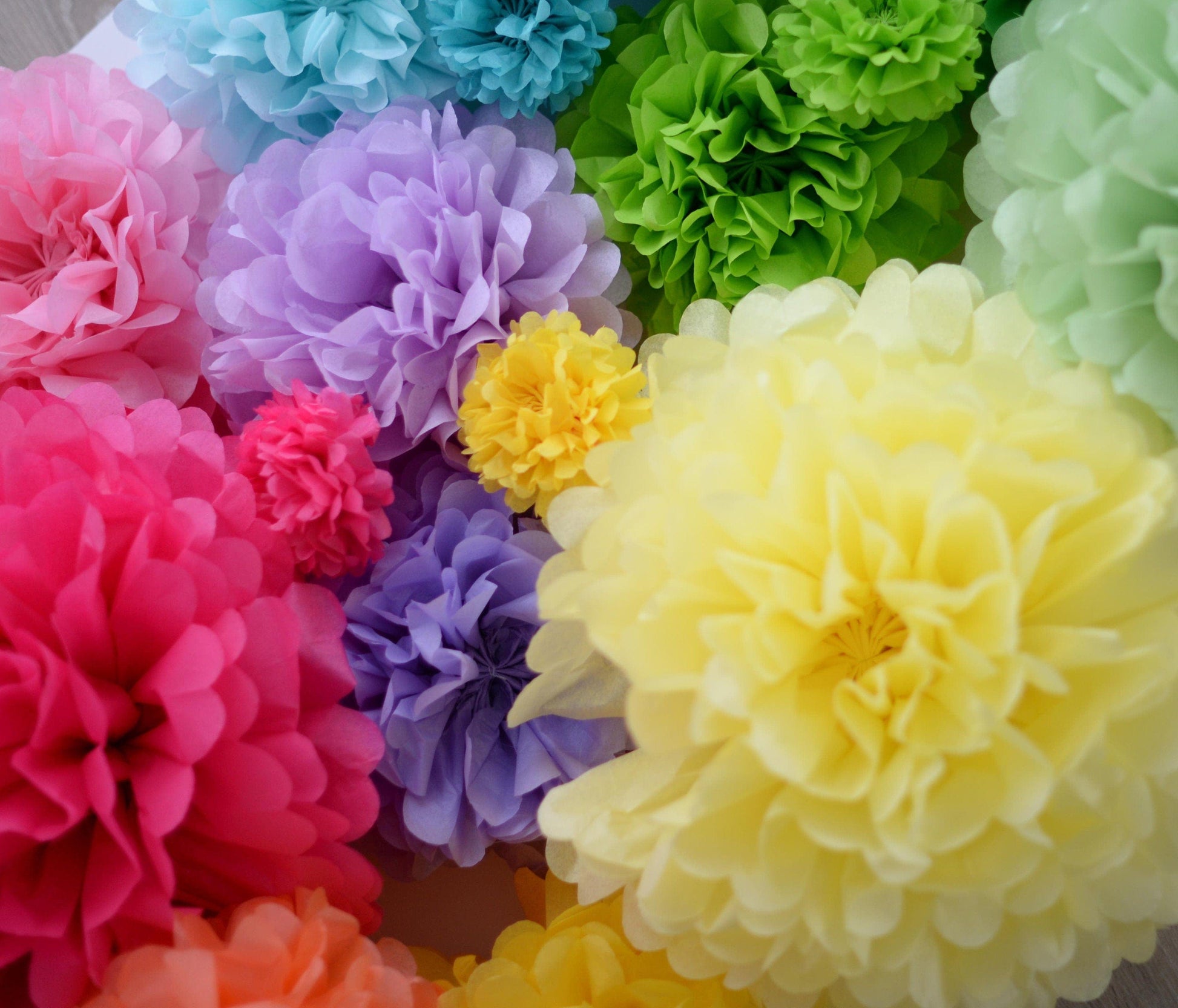 Rainbow party decor - paper flower pom poms and tassel garland
