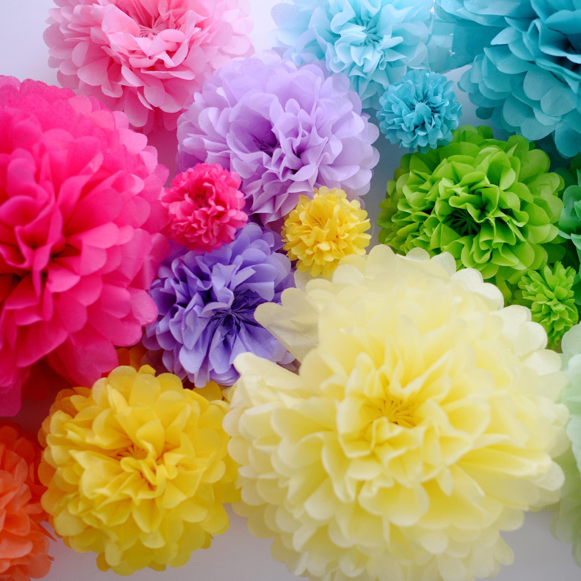 Rainbow party decor - paper flower pom poms and tassel garland
