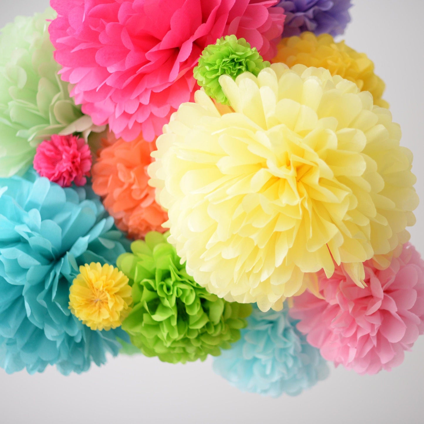 Rainbow party decor - paper flower pom poms and tassel garland