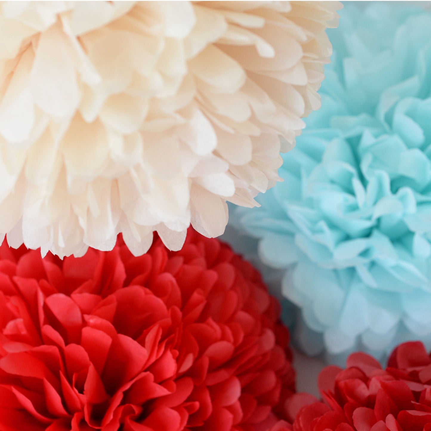Red, light blue and ivory Tissue Paper Pom Poms party decoration Set 15 psc mixed sizes Wedding, Birthday, baby shower Party Decorations