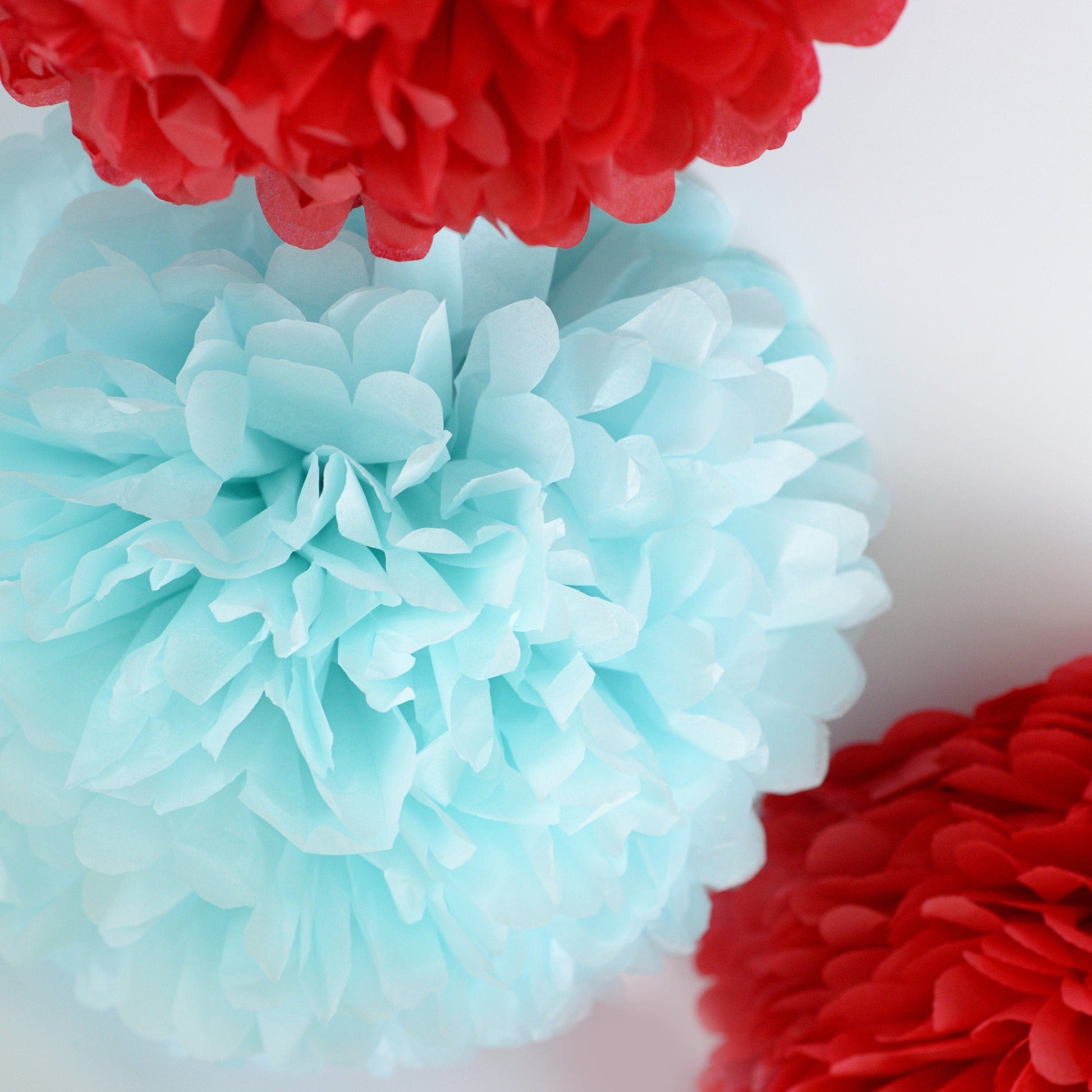 Red, light blue and ivory Tissue Paper Pom Poms party decoration Set 15 psc mixed sizes Wedding, Birthday, baby shower Party Decorations