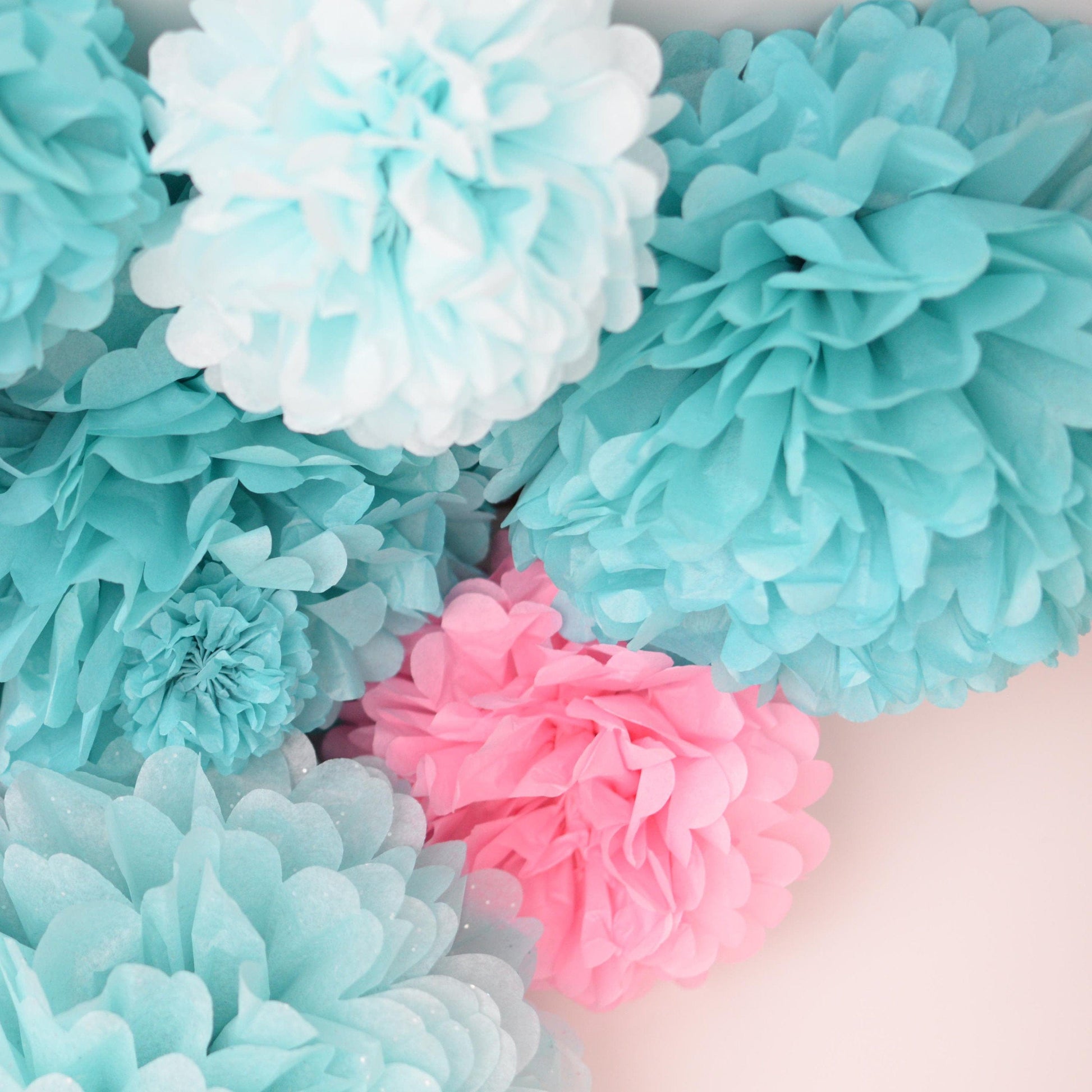 Aqua blue and pink paper pom poms party decorations 12 psc paper flowers Wedding, gender reveal party, Birthday party, baby shower decor Round