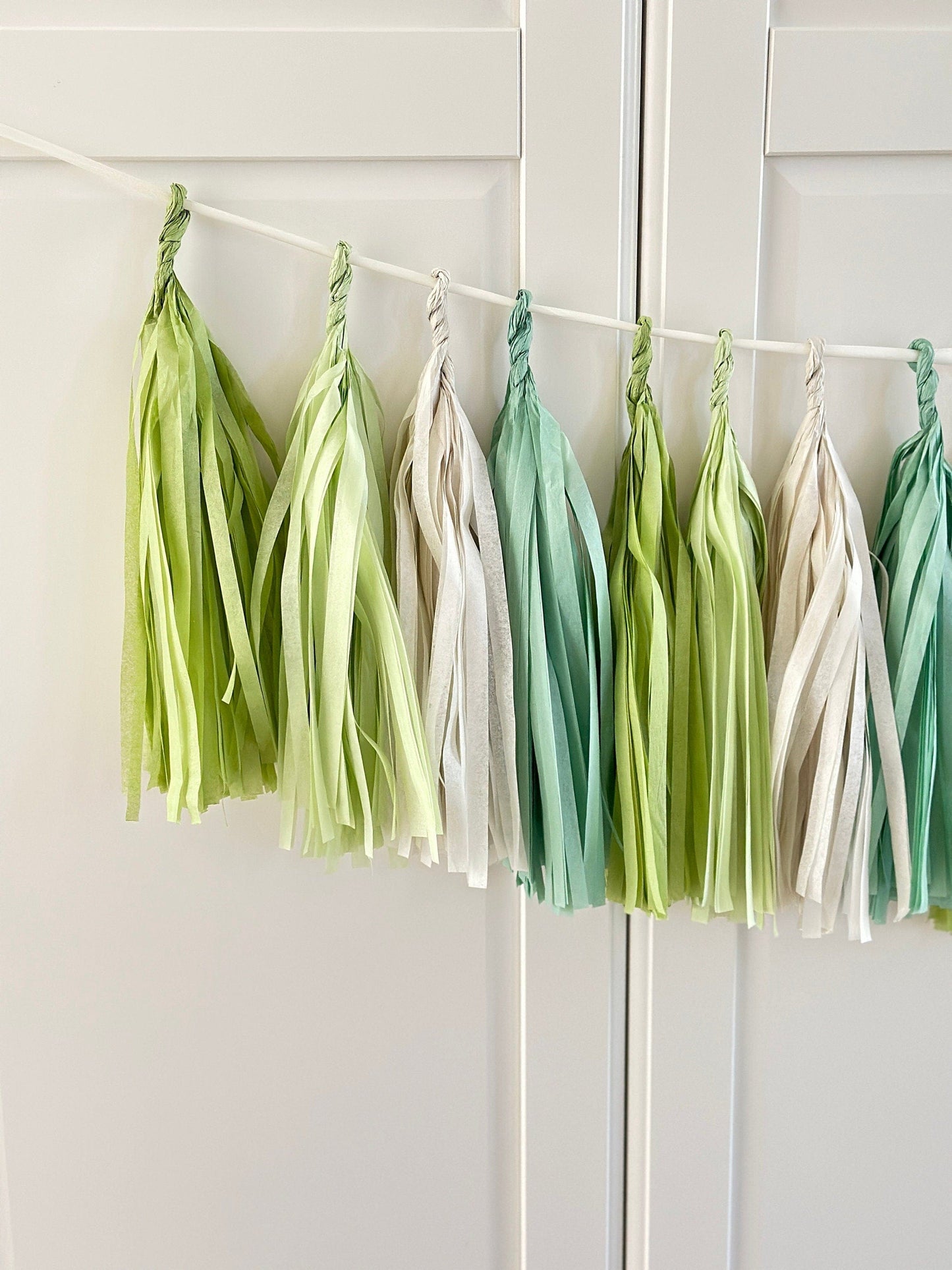 Sage Green and cream paper tassel garland dusty green fringe banner for 1st Birthday, baby shower, wedding, bridal shower, birthday deco