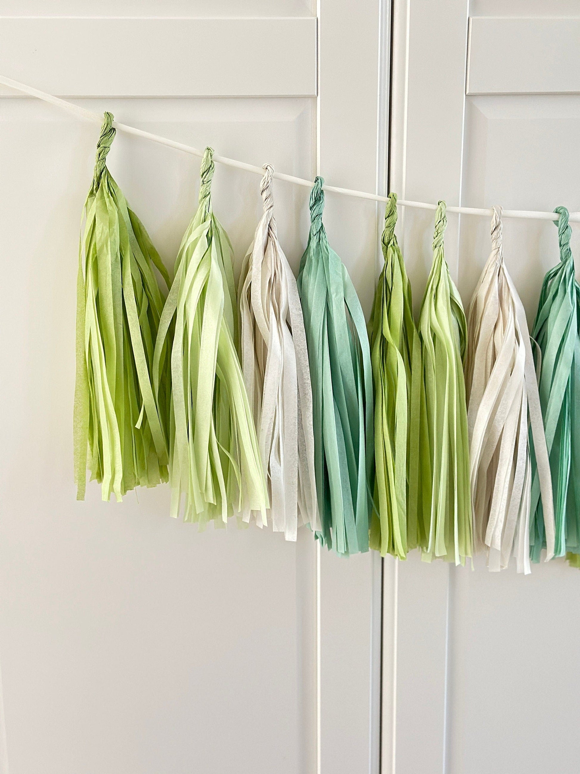 Sage Green and cream paper tassel garland dusty green fringe banner for 1st Birthday, baby shower, wedding, bridal shower, birthday deco