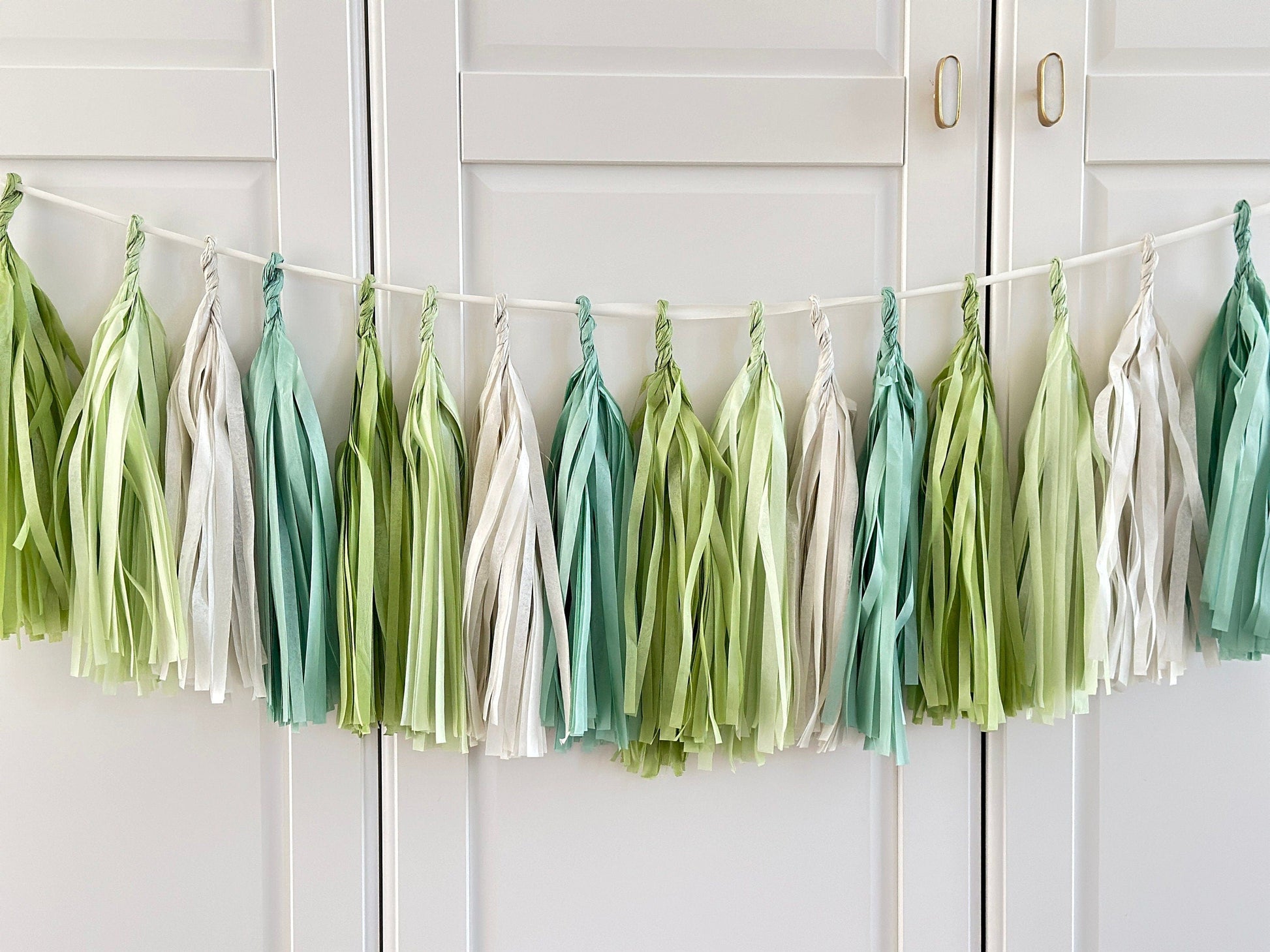 Sage Green and cream paper tassel garland dusty green fringe banner for 1st Birthday, baby shower, wedding, bridal shower, birthday deco
