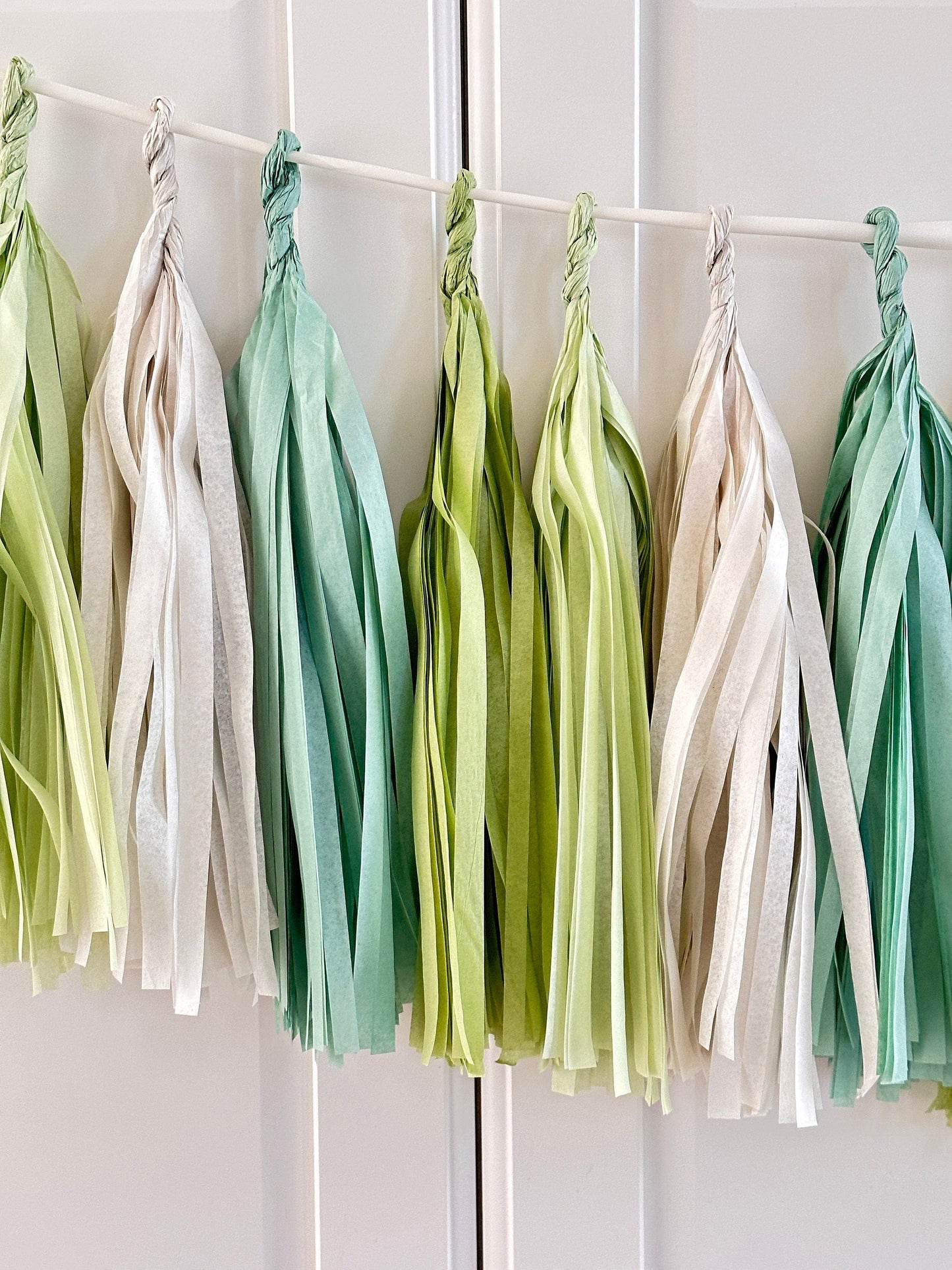 Sage Green and cream paper tassel garland dusty green fringe banner for 1st Birthday, baby shower, wedding, bridal shower, birthday deco