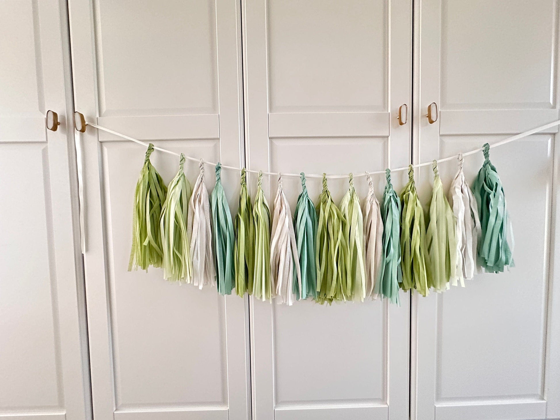 Sage Green and cream paper tassel garland dusty green fringe banner for 1st Birthday, baby shower, wedding, bridal shower, birthday deco