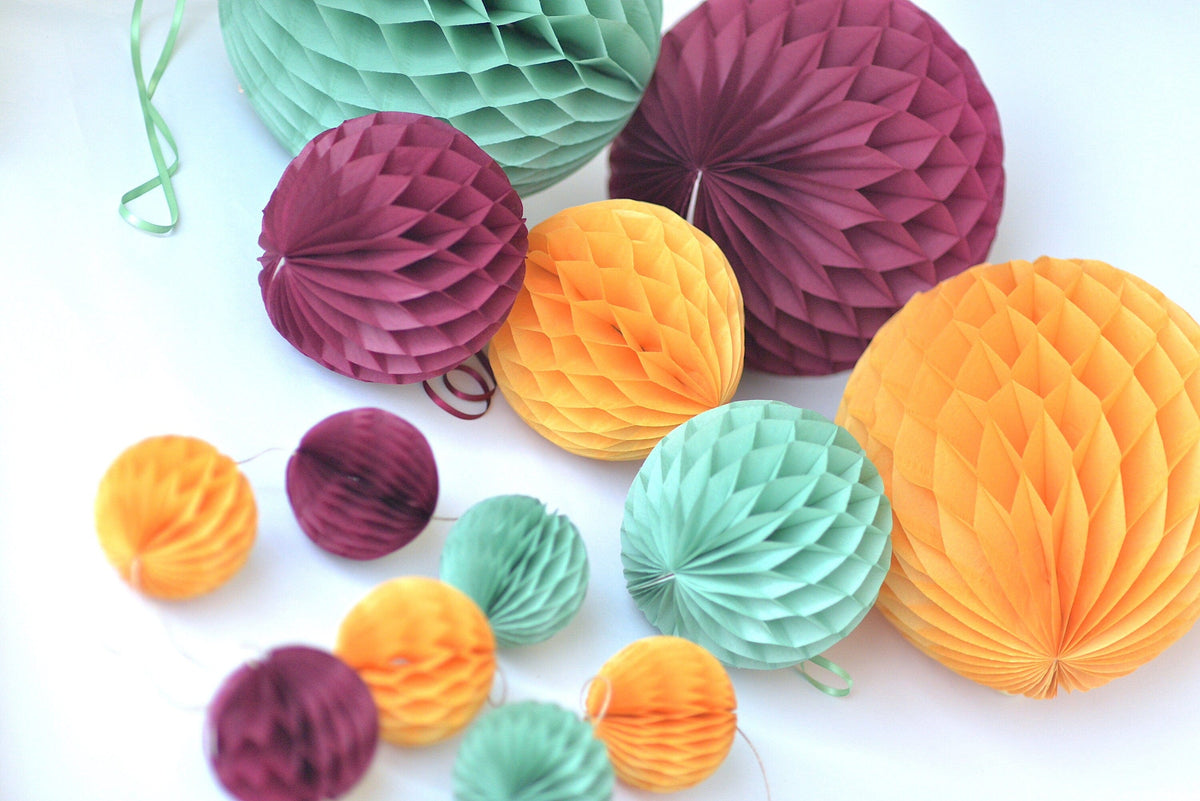 Sage Green, Burgundy, mustard, and coral paper Honeycomb party decoration Ball Set Fall baby shower, wedding, birthday, bridal shower decor
