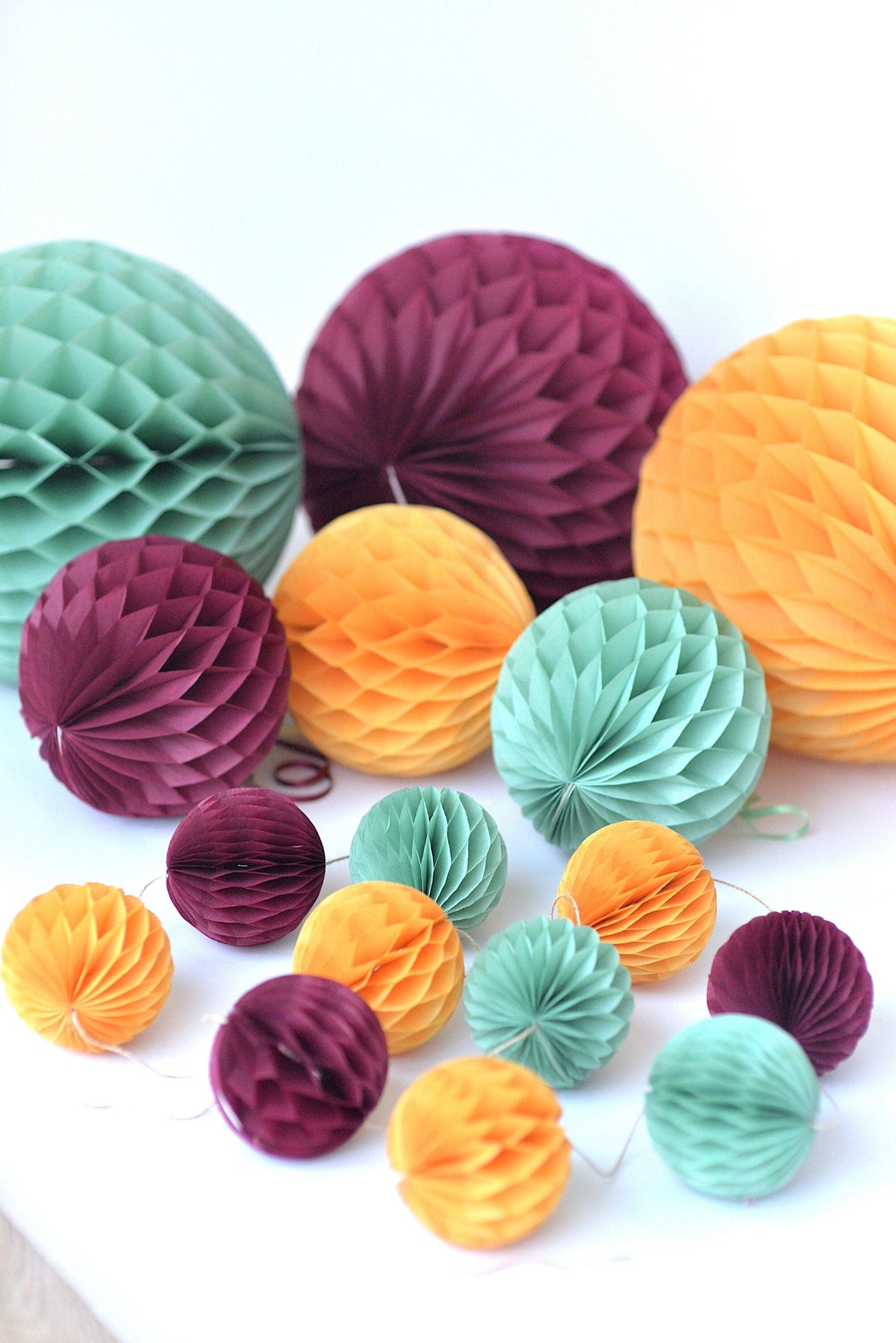 Sage Green, Burgundy, mustard, and coral paper Honeycomb party decoration Ball Set Fall baby shower, wedding, birthday, bridal shower decor