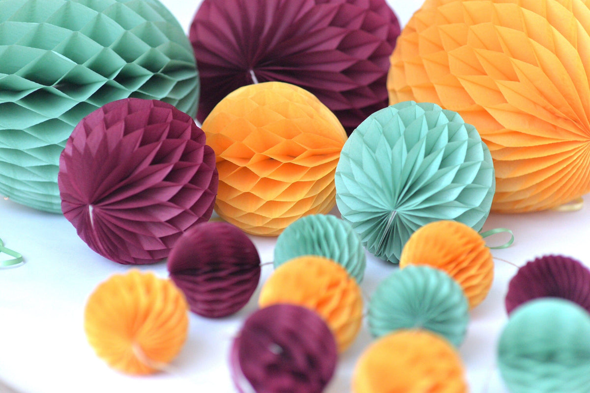 Sage Green, Burgundy, mustard, and coral paper Honeycomb party decoration Ball Set Fall baby shower, wedding, birthday, bridal shower decor