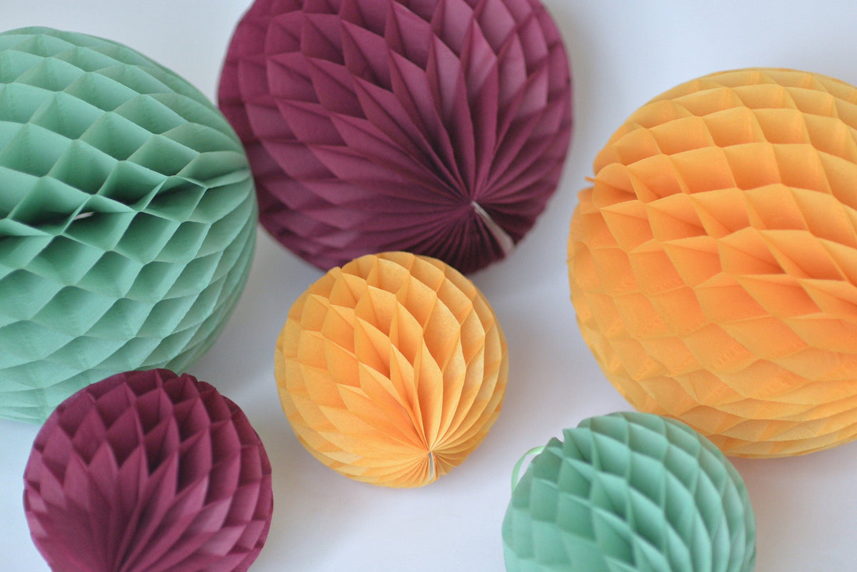 Sage Green, Burgundy, mustard, and coral paper Honeycomb party decoration Ball Set Fall baby shower, wedding, birthday, bridal shower decor