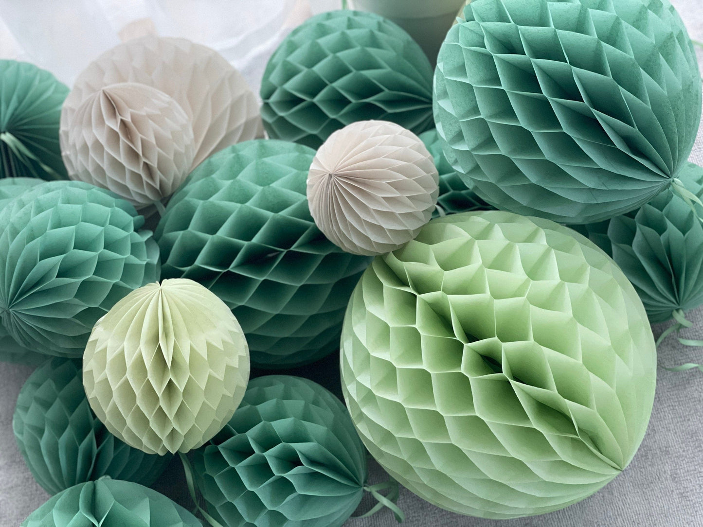 Sage Green, Celery, Light Green, and Almond Milk paper Honeycomb Balls Set - Paper Decorations