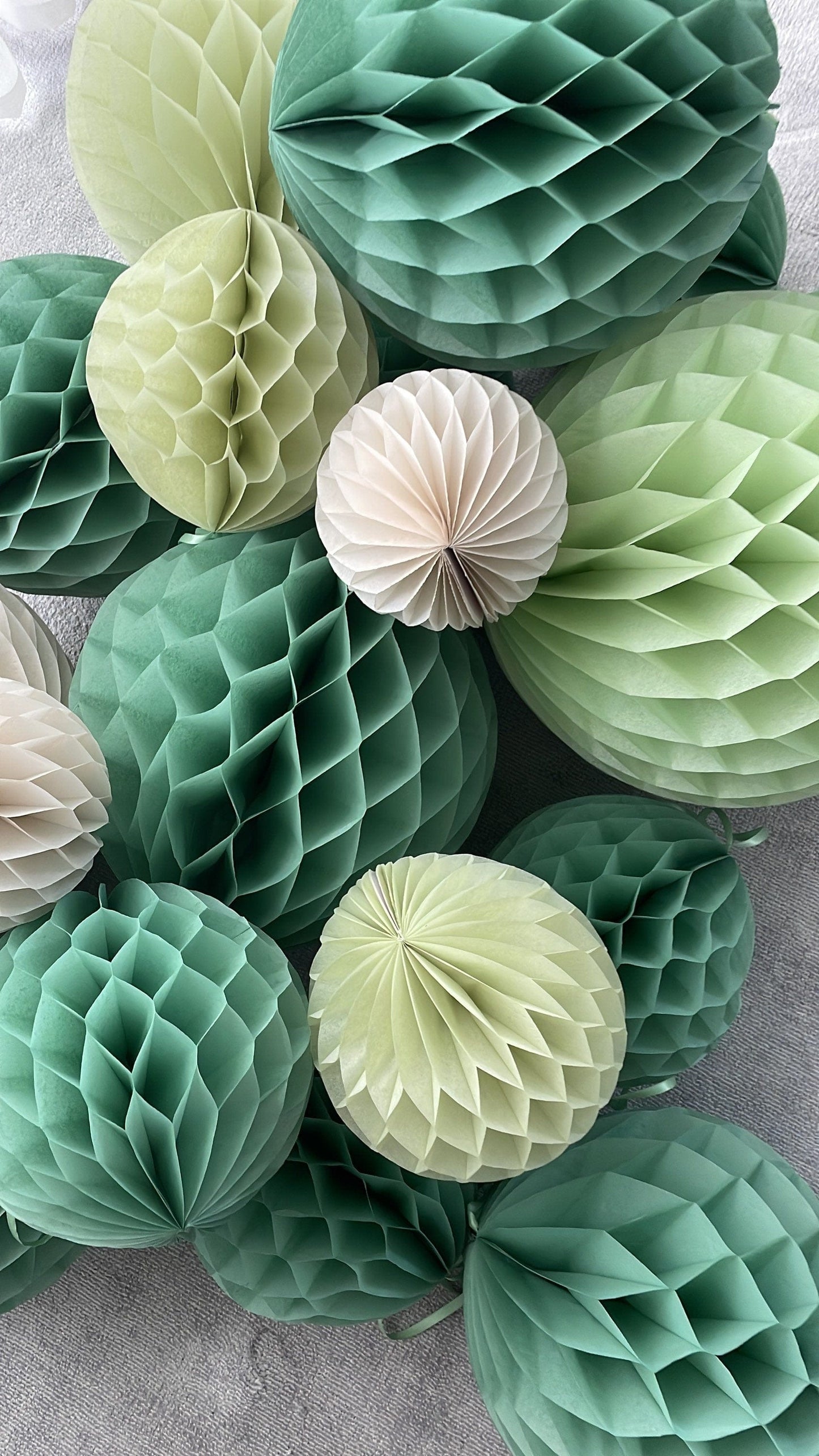 Sage Green, Celery, Light Green, and Almond Milk paper Honeycomb Balls Set - Paper Decorations