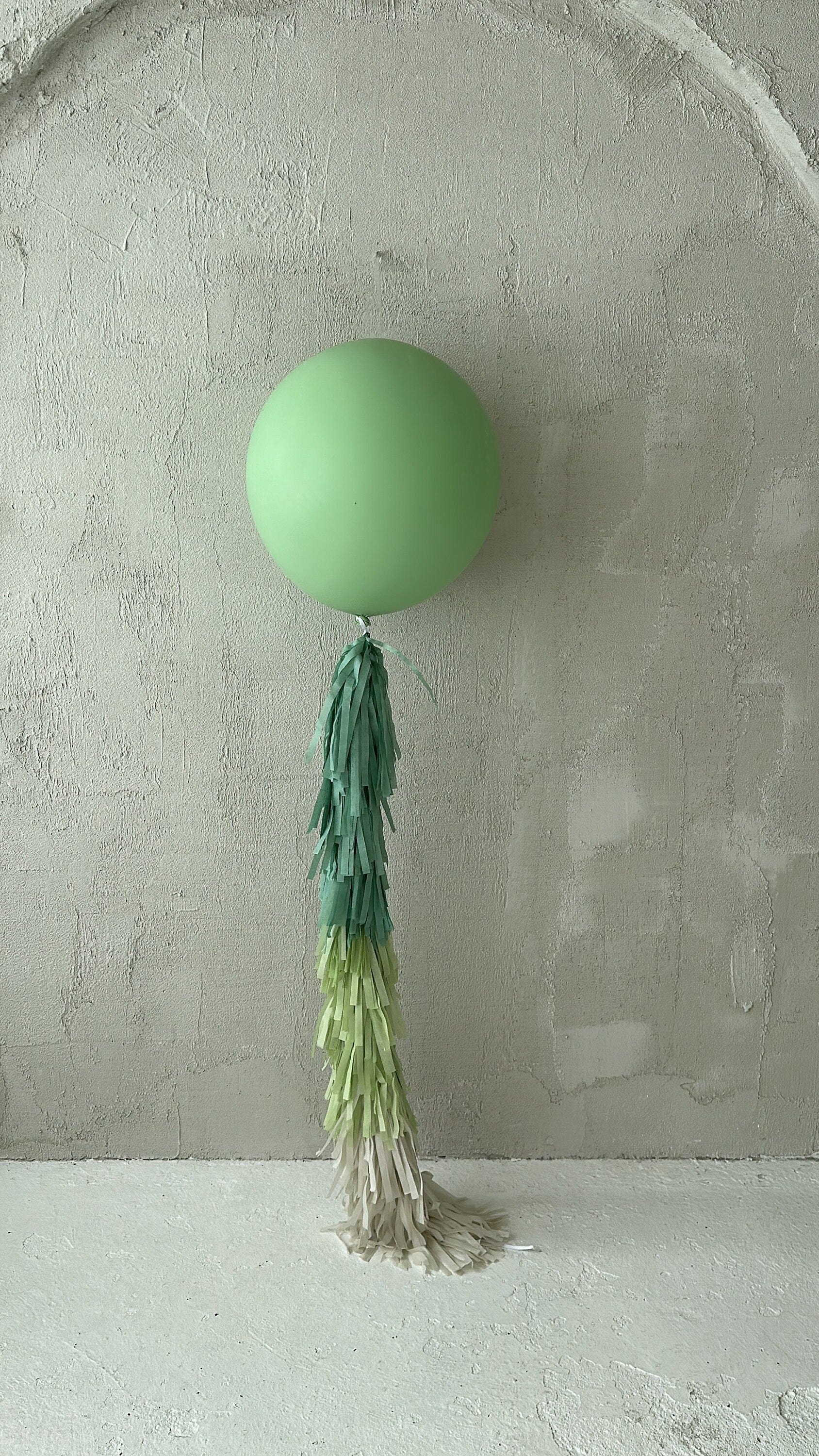 Sage green Giant balloon with green and cream paper fringe tail baby shower, wedding, birthday party balloon decorations paper tassel tail