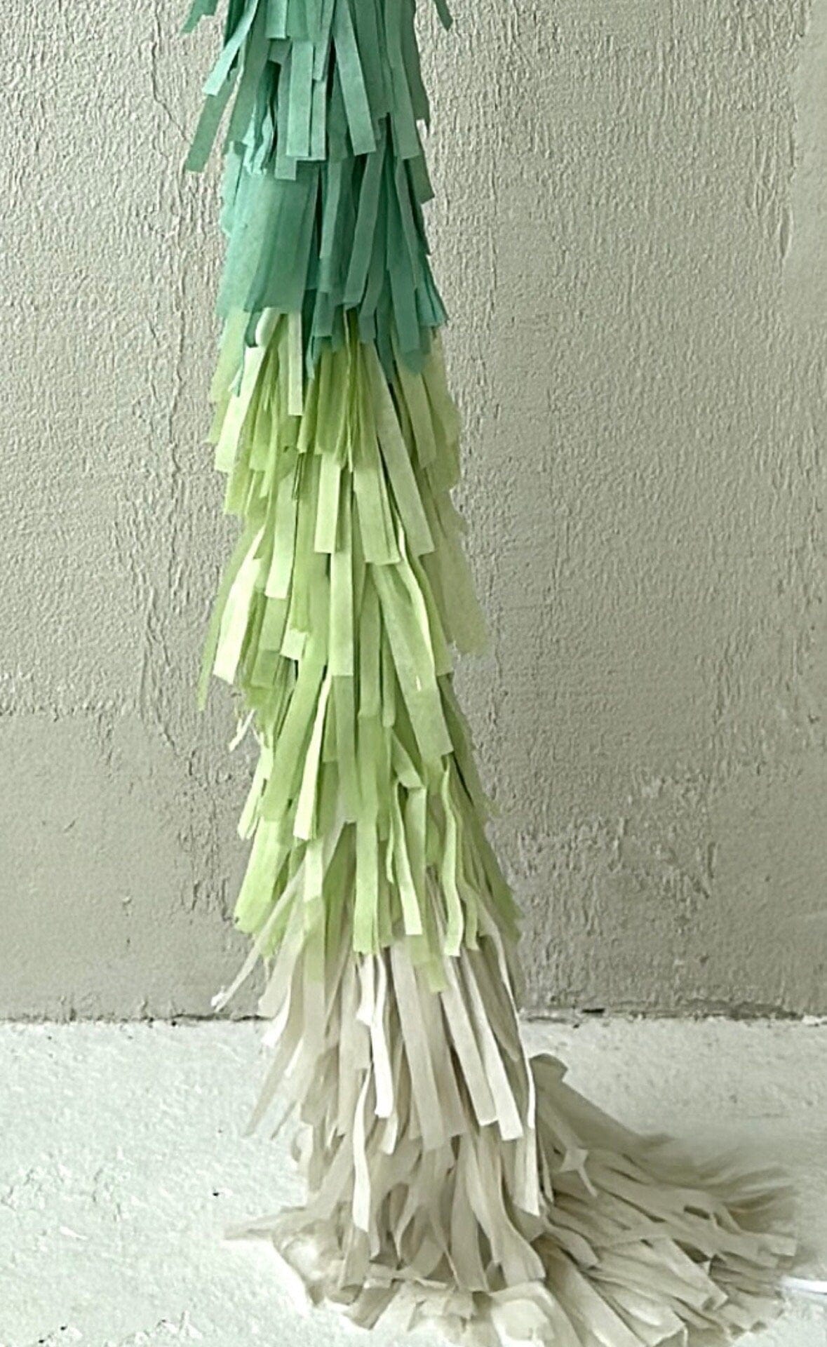 Sage green Giant balloon with green and cream paper fringe tail baby shower, wedding, birthday party balloon decorations paper tassel tail