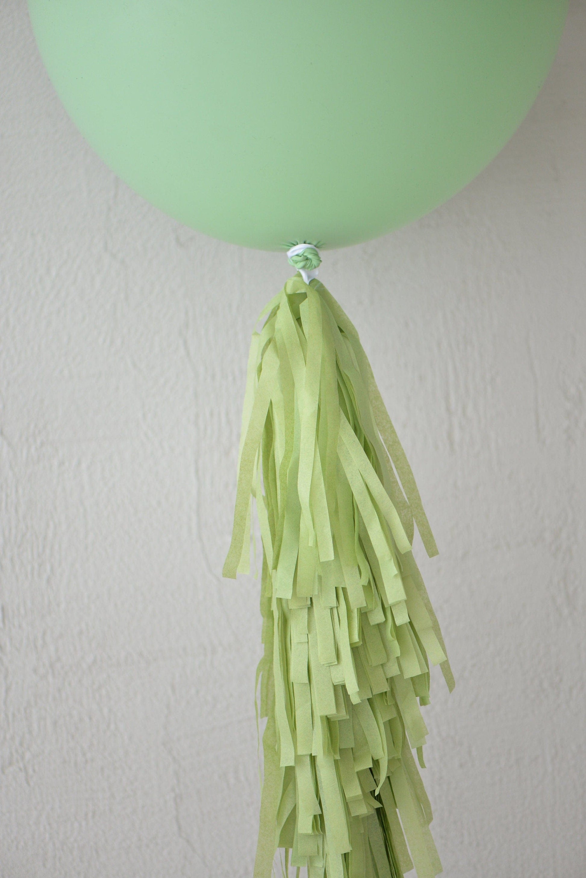 Sage green Giant balloon with light green paper fringe tail baby shower, wedding, birthday party balloon decorations paper tassel tail