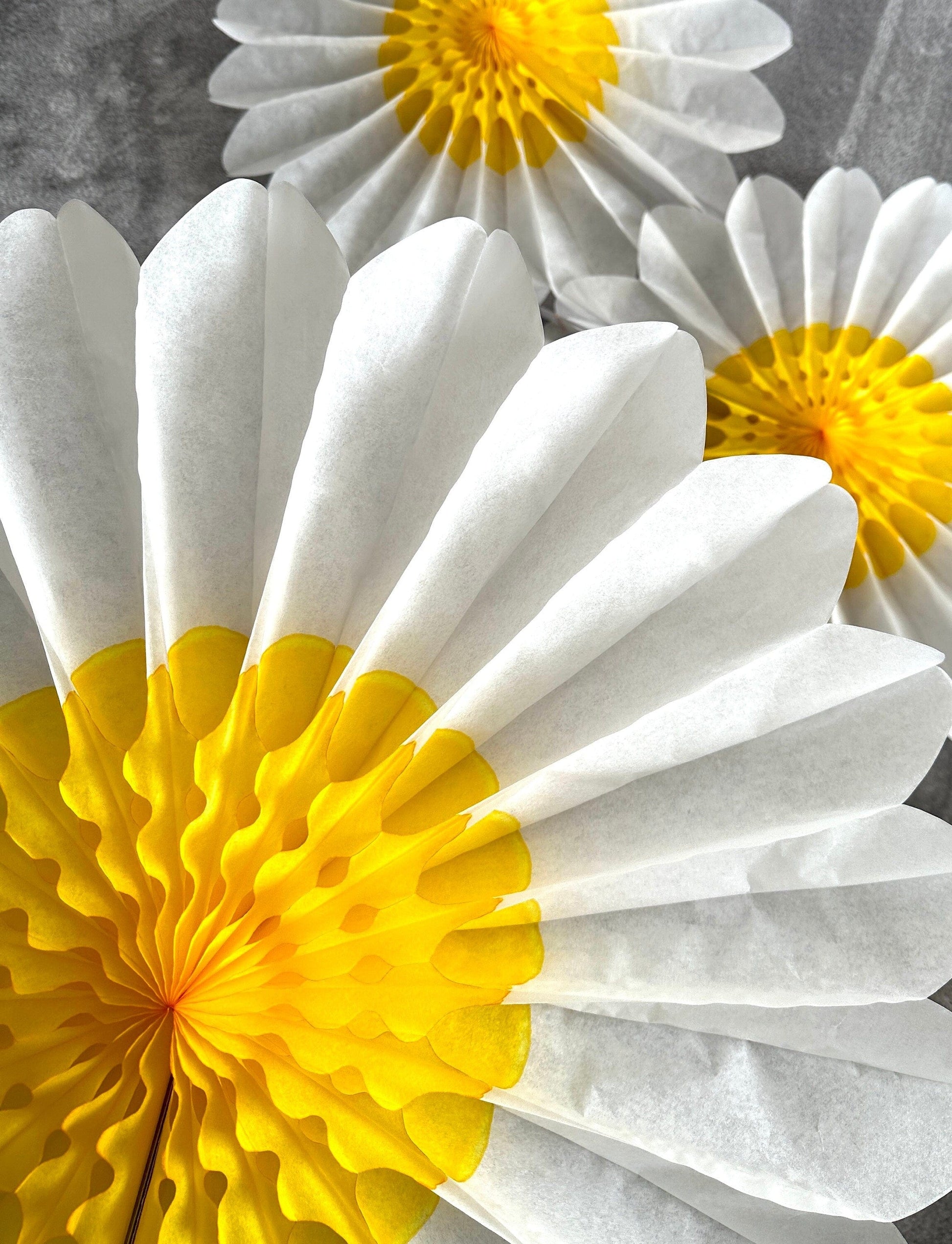 Set of 3 Beautiful White and Yellow Paper Daisy Flowers - Huge Paper Fan Party Decorations - Paper Flower Decor for Weddings and birthday