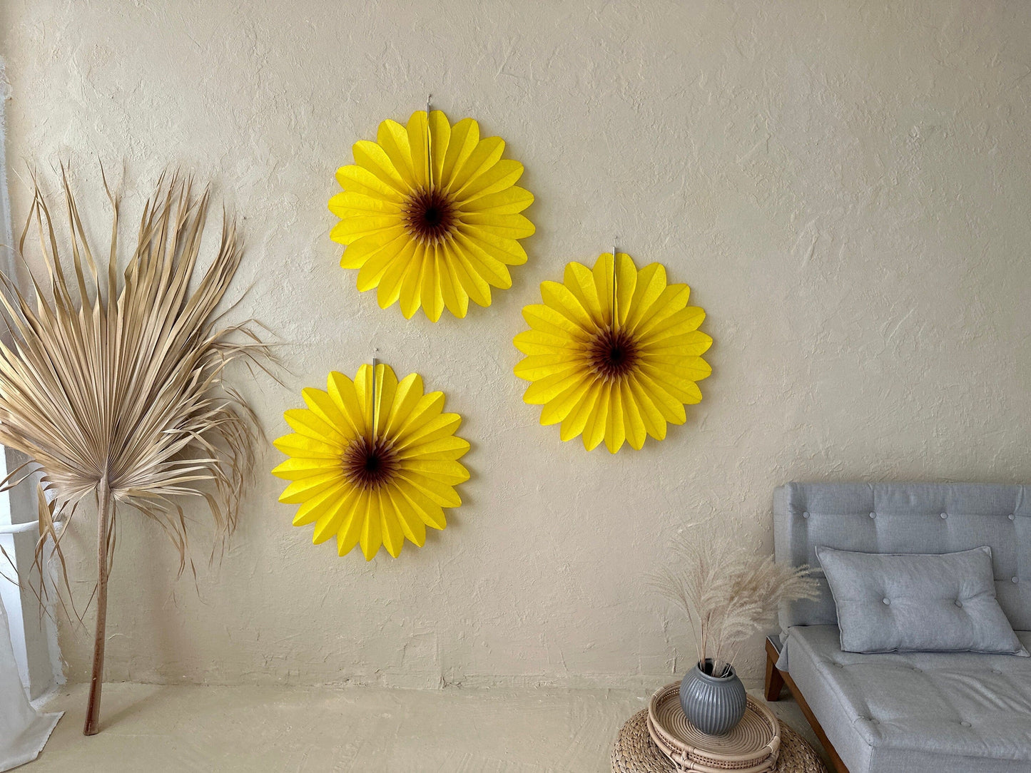 Set of 3 Beautiful Yellow Paper sunflower Flowers - Huge Paper Fan Party Decorations - Paper Flower Decor for Weddings and birthday decor
