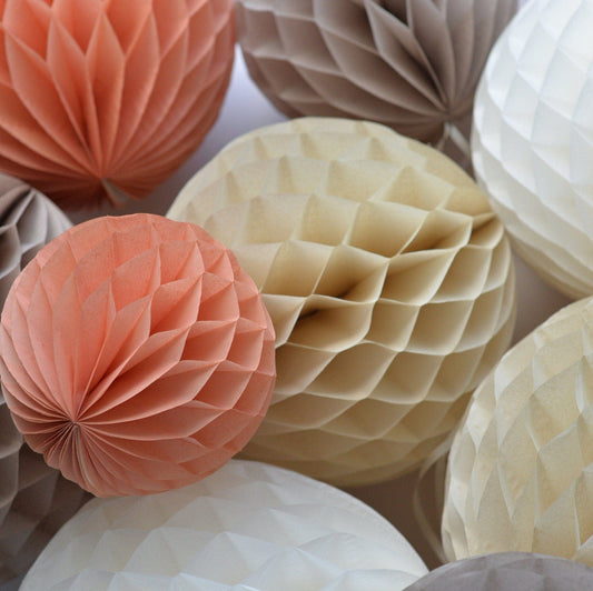 Terracotta and neutral paper honeycomb ball party decoration set - rustic wedding, neutral baby shower, bridal shower, birthday decorations