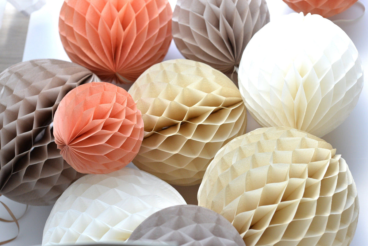 Terracotta and neutral paper honeycomb ball party decoration set - rustic wedding, neutral baby shower, bridal shower, birthday decorations
