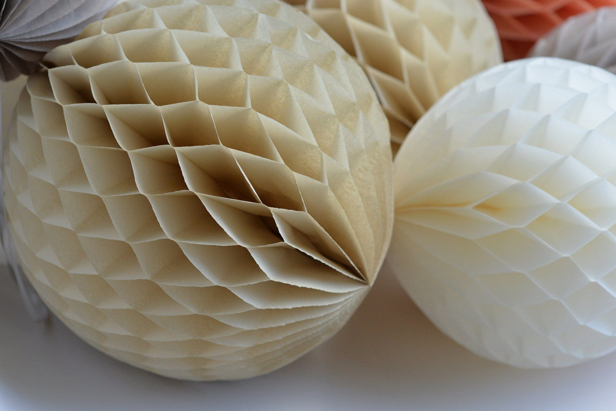 Terracotta and neutral paper honeycomb ball party decoration set - rustic wedding, neutral baby shower, bridal shower, birthday decorations