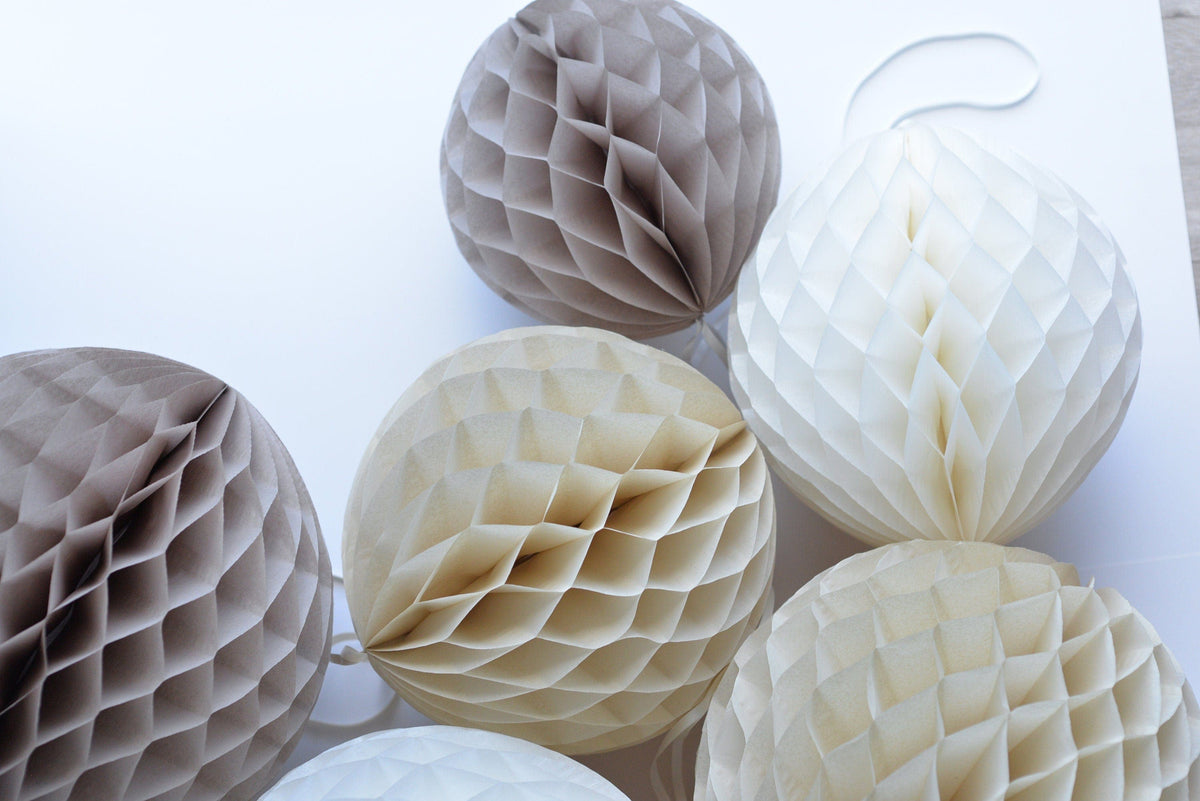 Terracotta and neutral paper honeycomb ball party decoration set - rustic wedding, neutral baby shower, bridal shower, birthday decorations